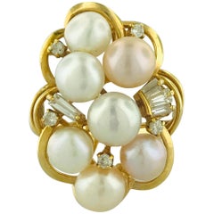 White Pearl Ring with Diamond Cluster Ring 18 Karat Yellow Gold with Pink Pearls