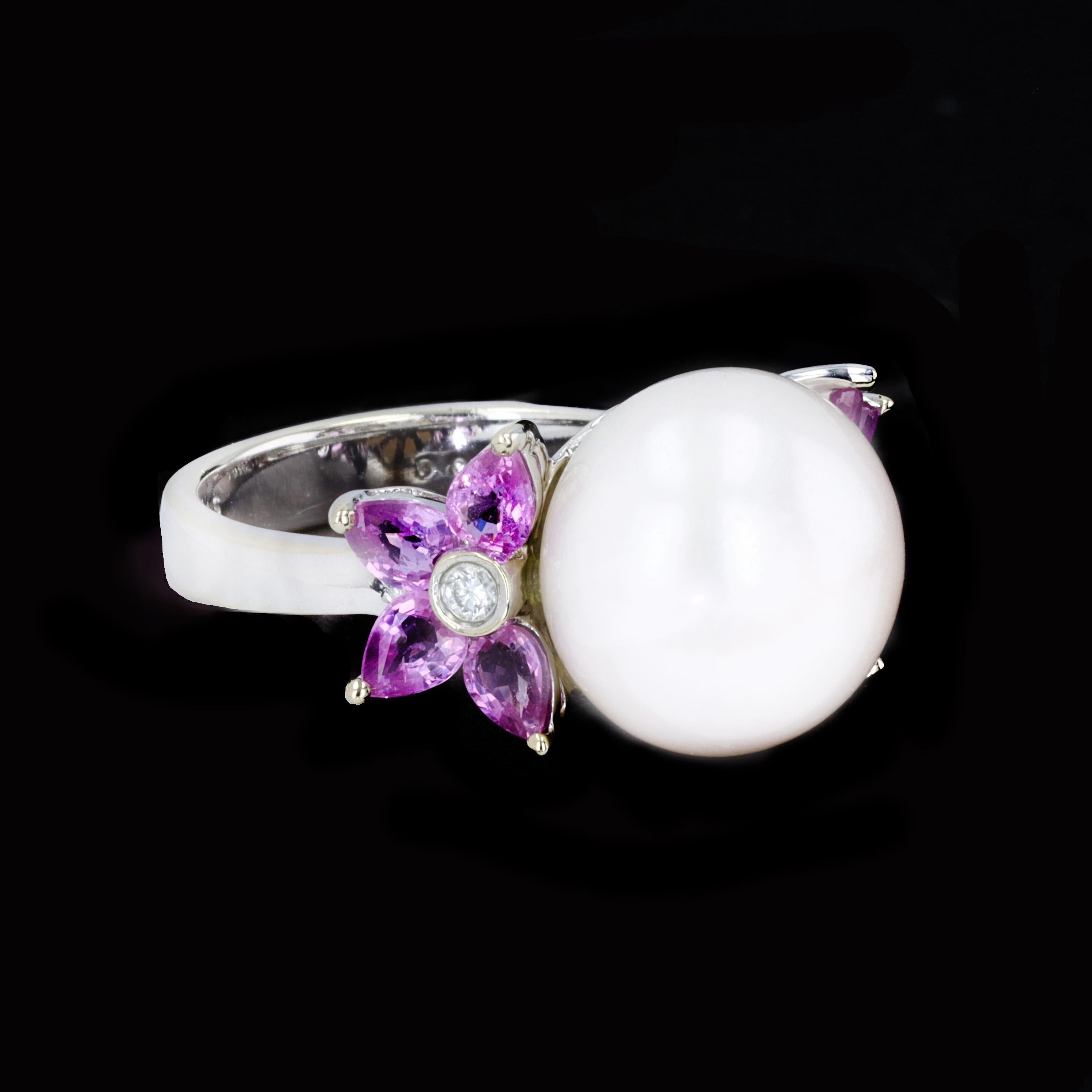 Romantic White Pearl Ring with Marquise Cut Pink Sapphires For Sale
