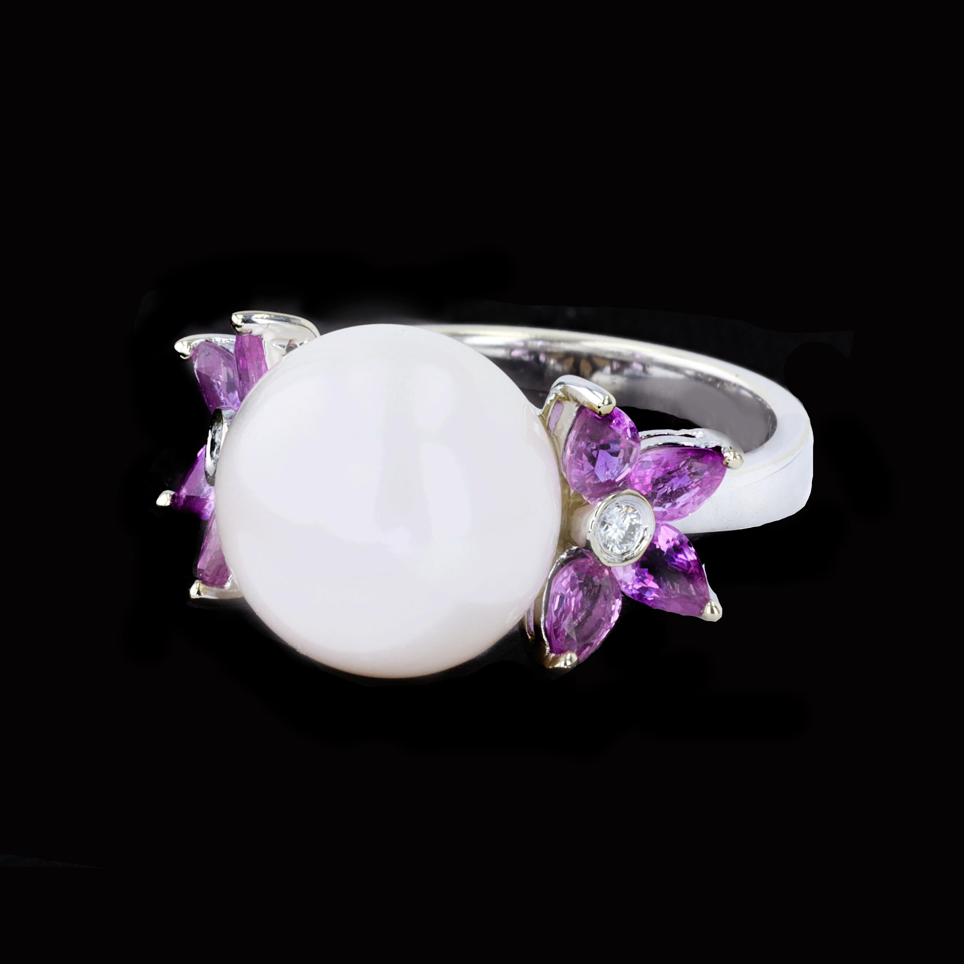 White Pearl Ring with Marquise Cut Pink Sapphires In Excellent Condition For Sale In NEW ORLEANS, LA