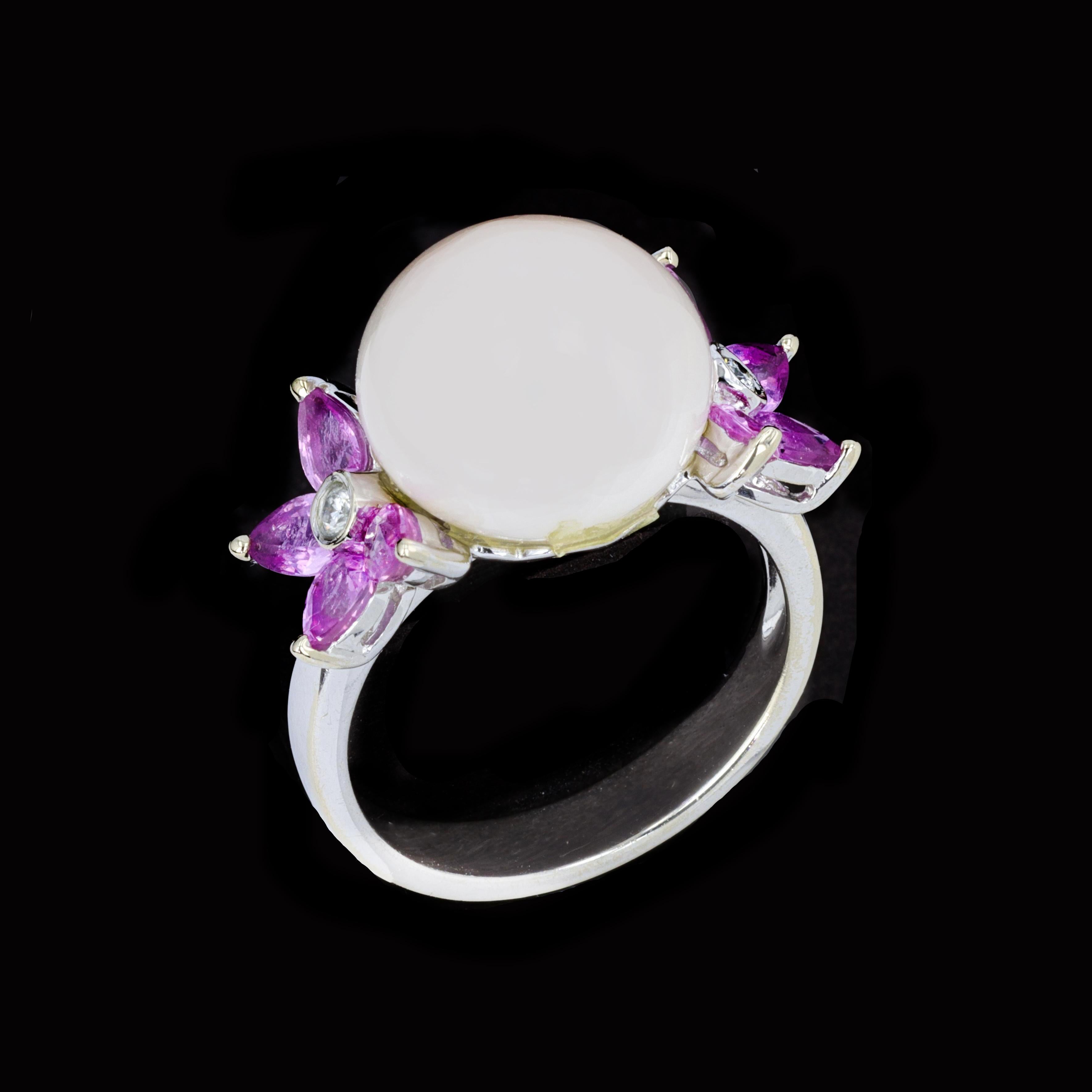 Women's White Pearl Ring with Marquise Cut Pink Sapphires For Sale