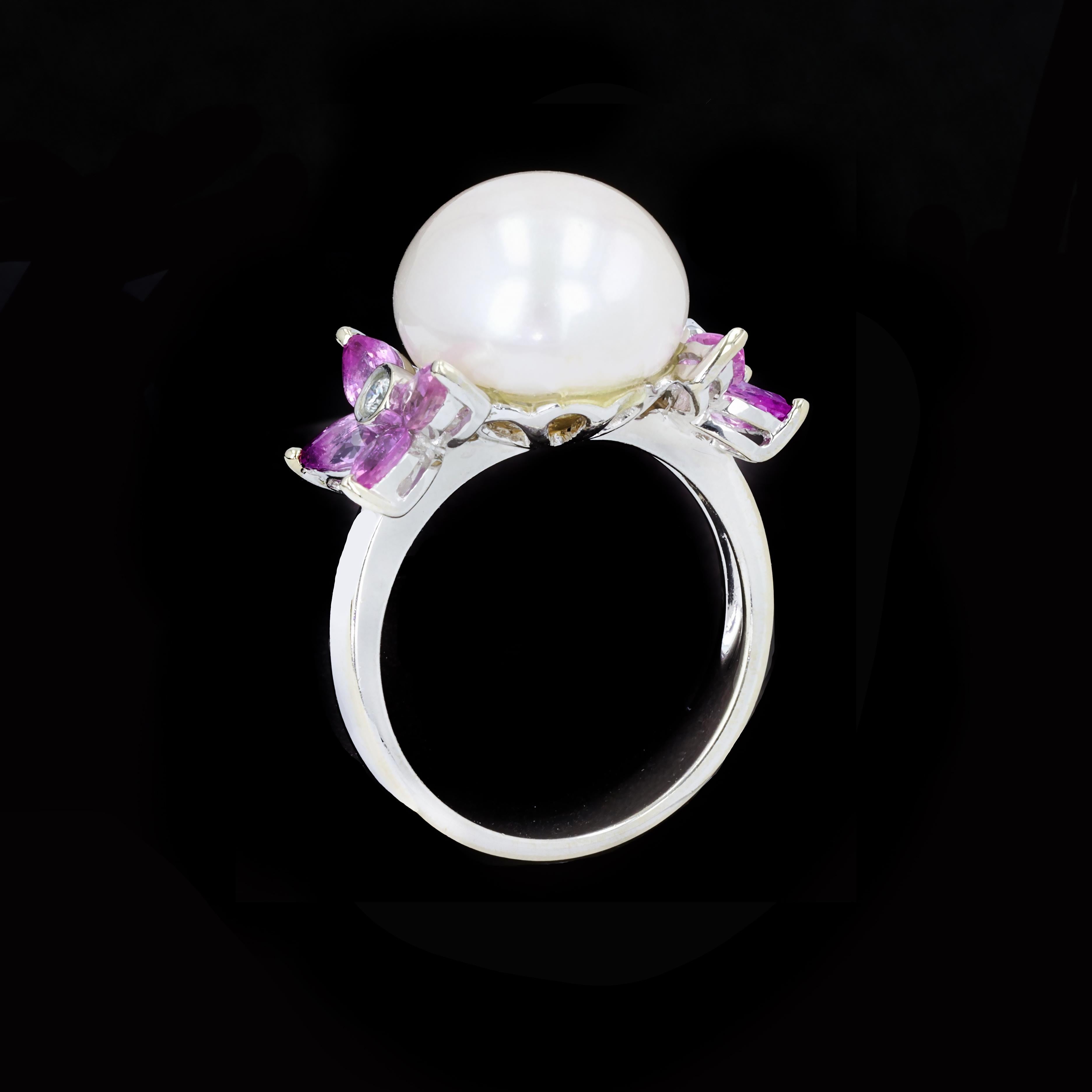 White Pearl Ring with Marquise Cut Pink Sapphires For Sale 1
