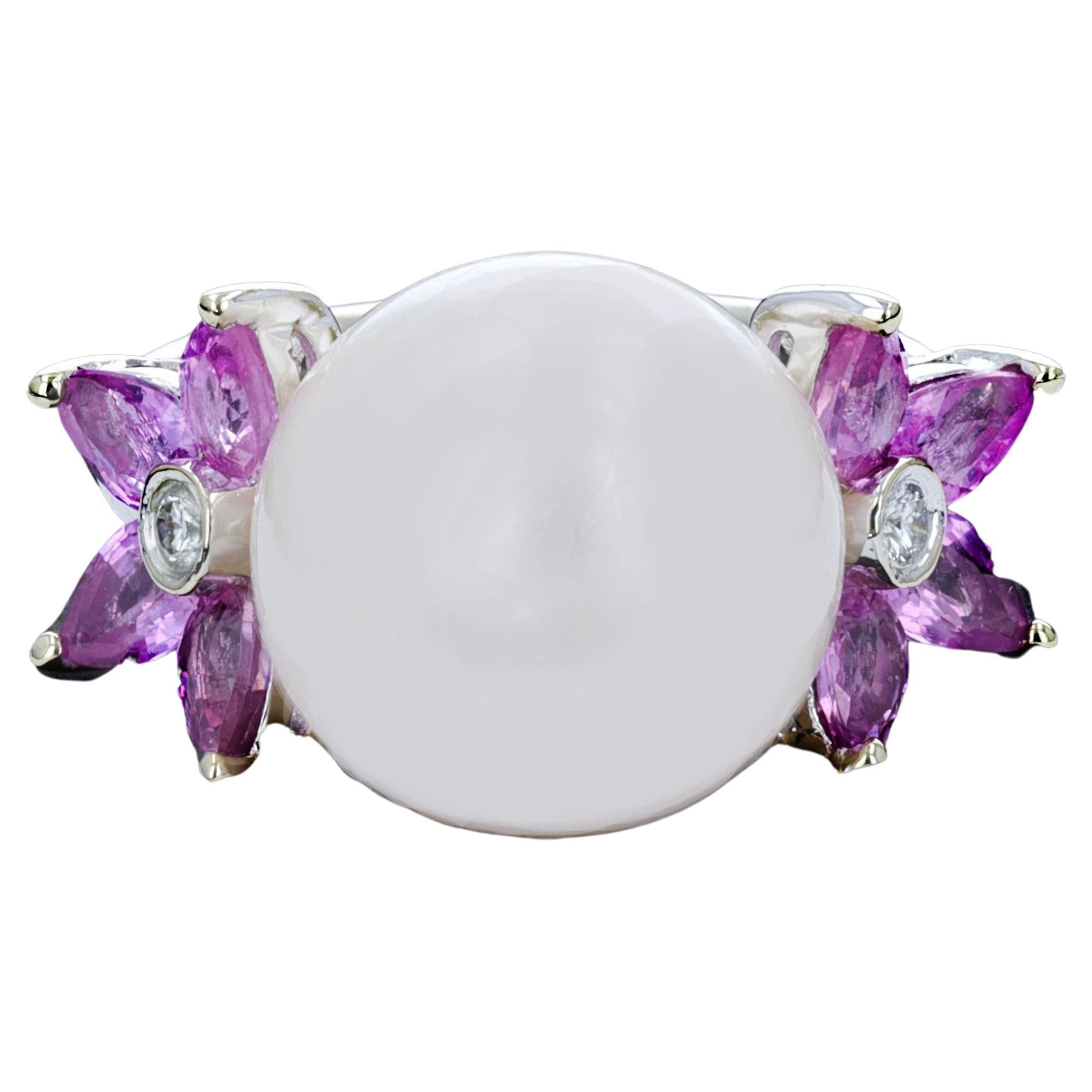 White Pearl Ring with Marquise Cut Pink Sapphires For Sale