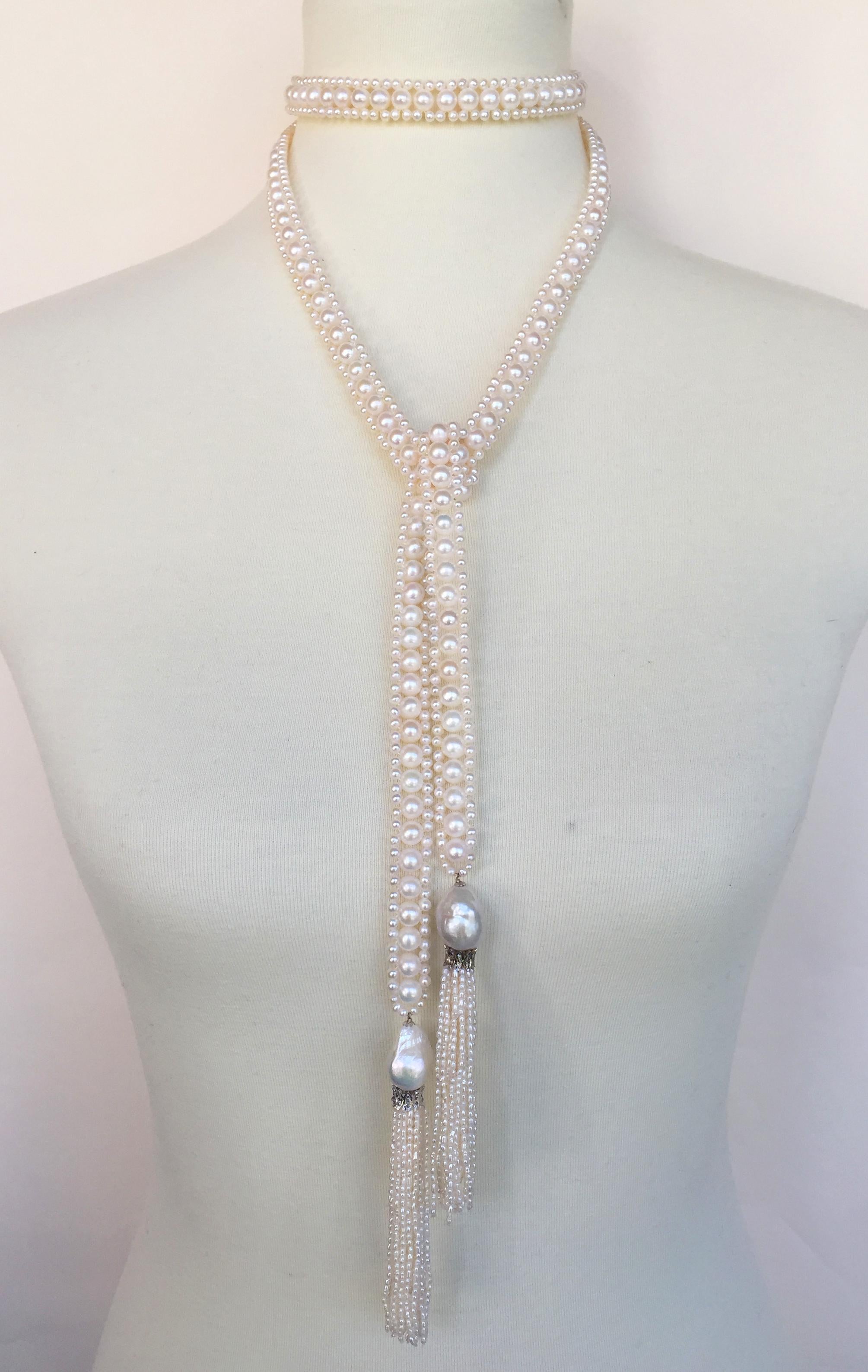 This white pearl rope long sautoir necklace with white pearl tassels and diamond roundels is the essence of classic elegance. Handcrafted by Marina J. each pearl was chosen for its beautiful shape and glowing white color. The rope like design is