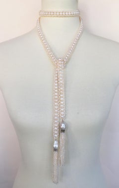 White Pearl Rope Long Sautoir with White Pearl Tassels and Diamond Roundels
