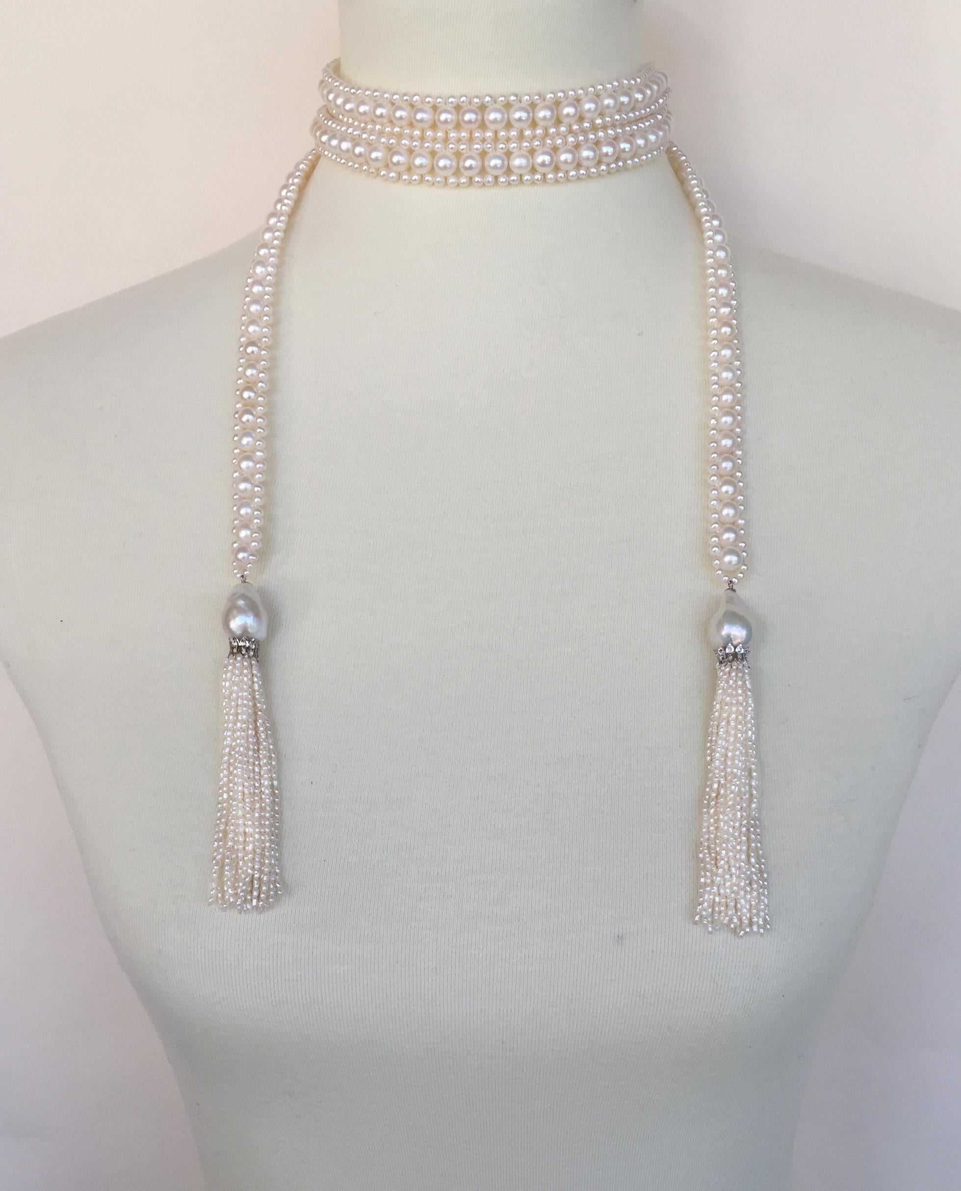 Artist White Pearl Rope Long Sautoir with White Pearl Tassels and Diamond Roundels
