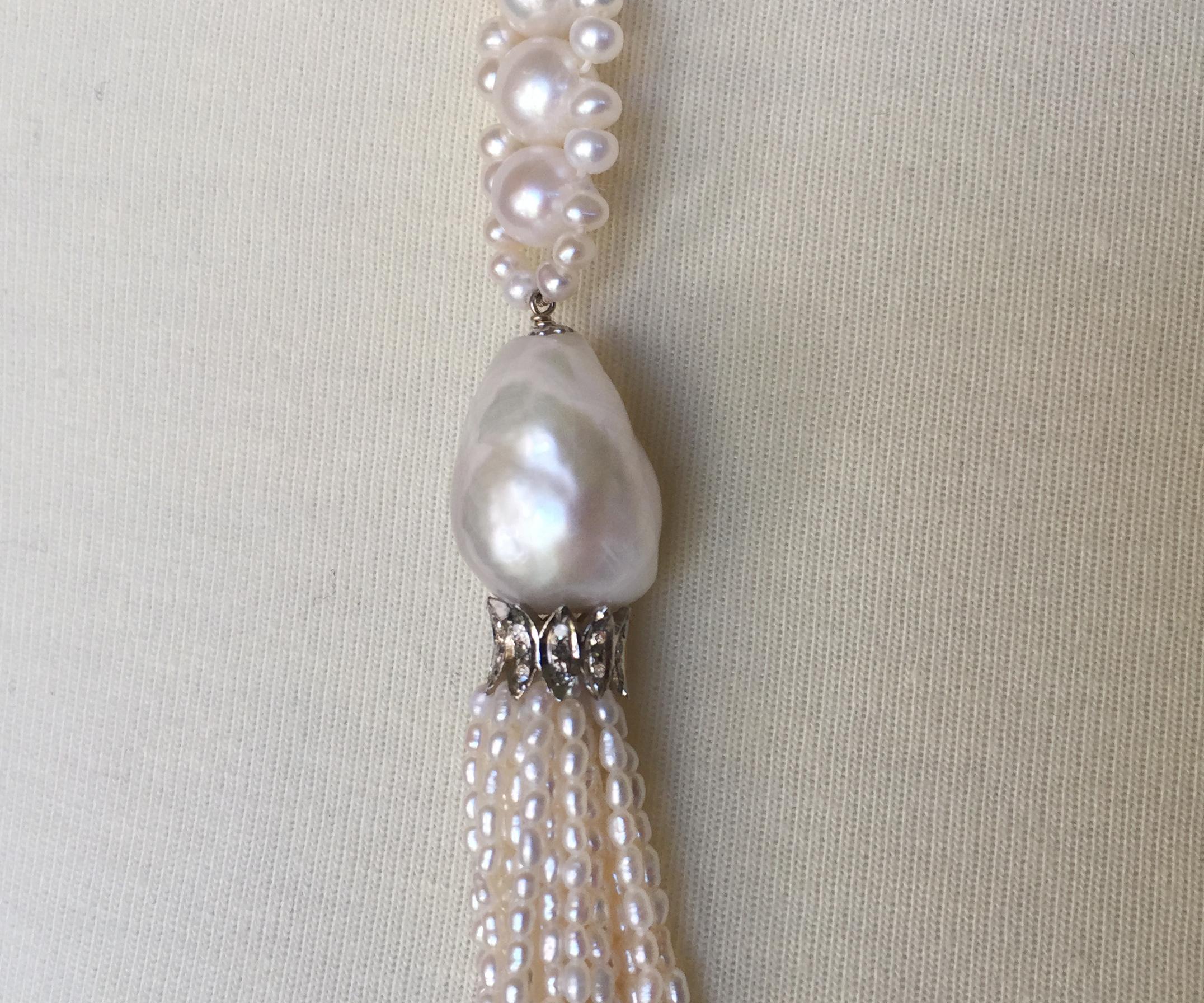White Pearl Rope Long Sautoir with White Pearl Tassels and Diamond Roundels In New Condition In Los Angeles, CA