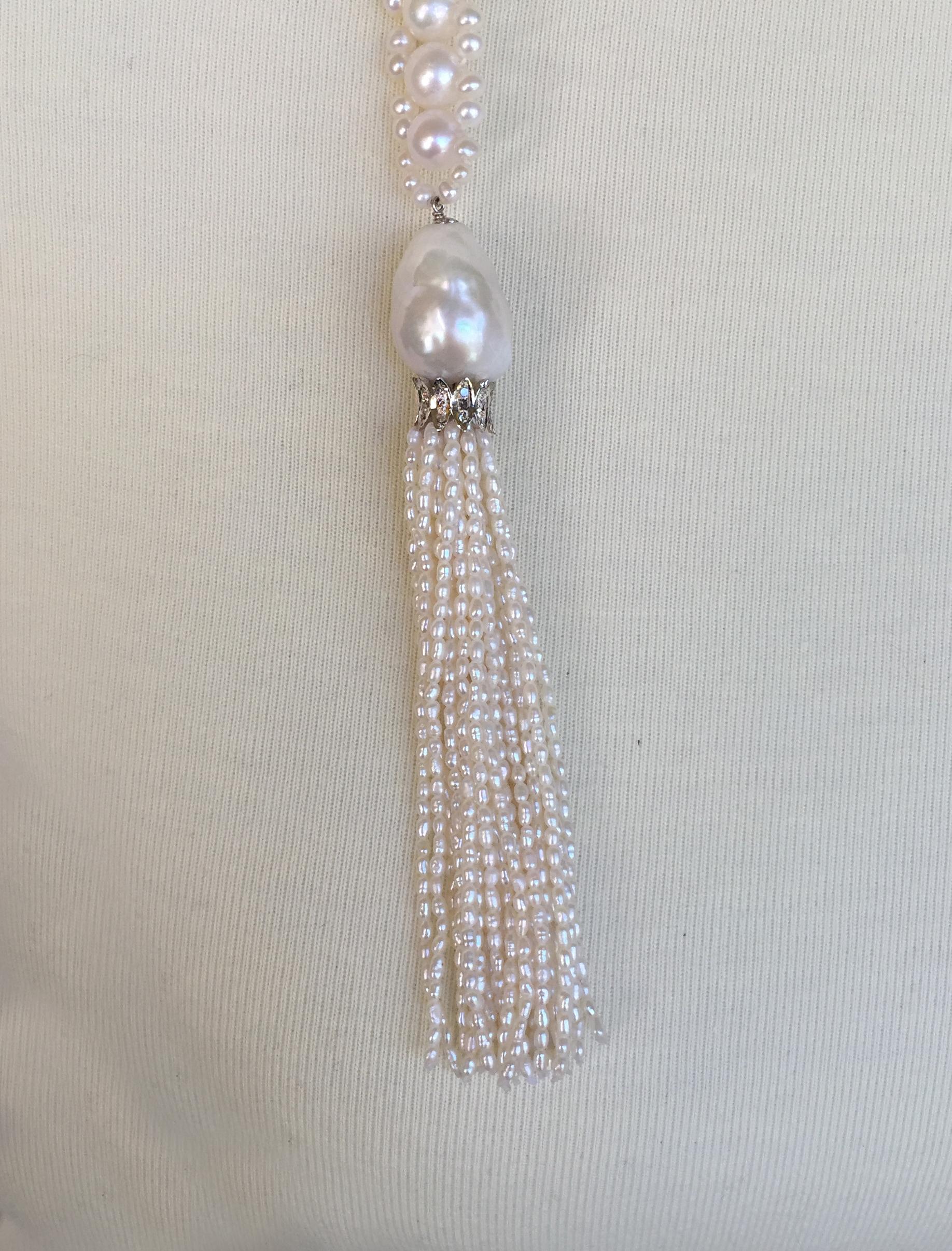 Women's White Pearl Rope Long Sautoir with White Pearl Tassels and Diamond Roundels