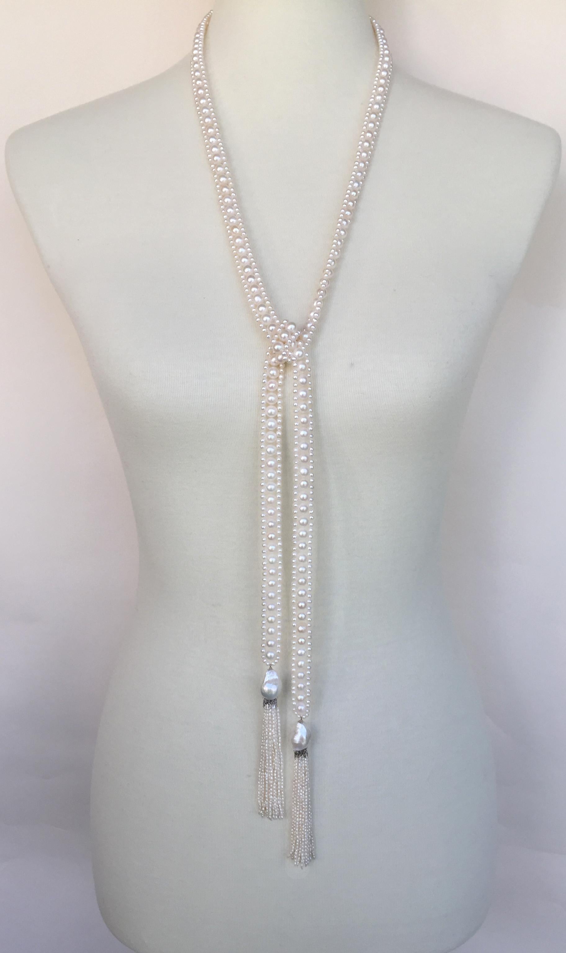 White Pearl Rope Long Sautoir with White Pearl Tassels and Diamond Roundels 1