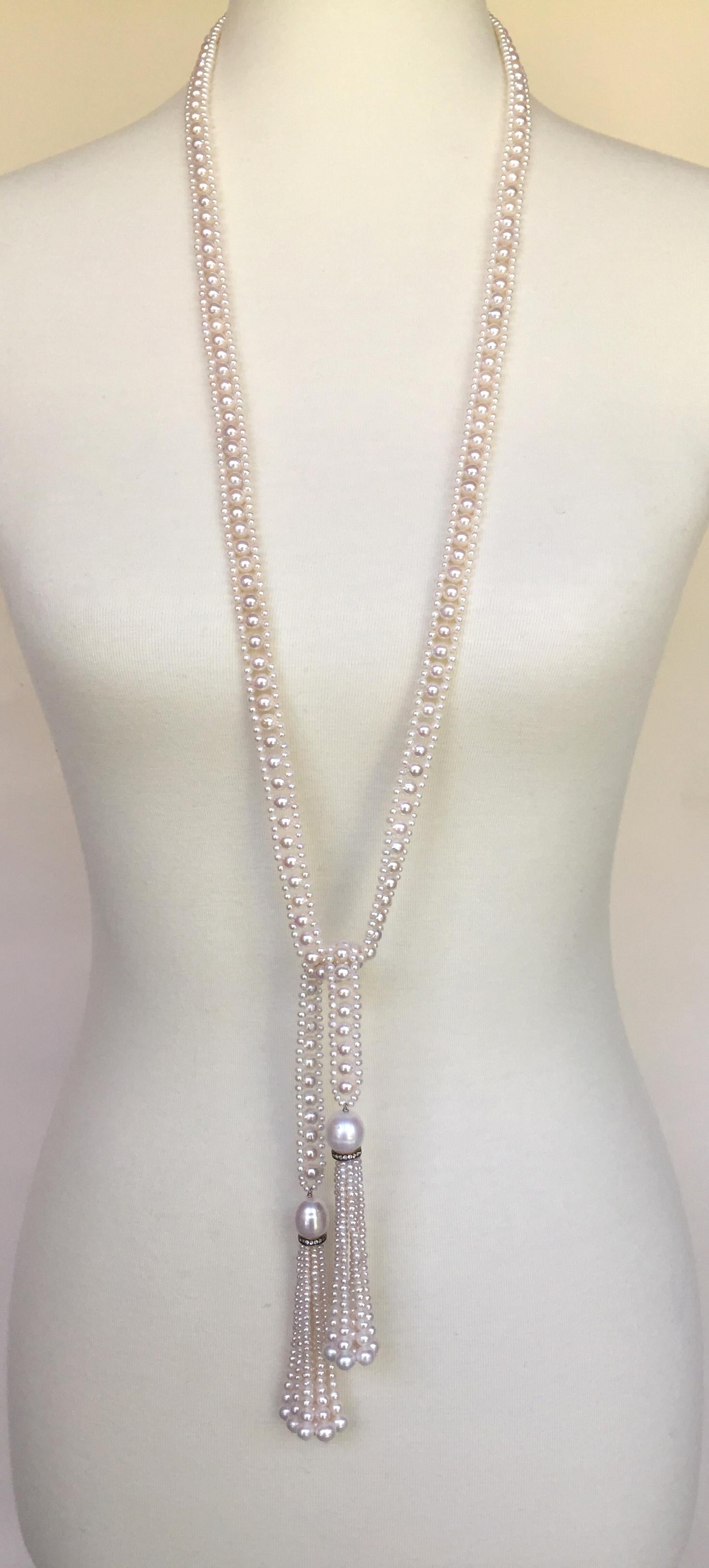 Artist Marina J. Long Pearl Sautoir Necklace with Pearl and Diamond graduated Tassels