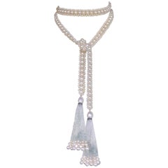 Marina J. Woven White Pearl and Aquamarine beads Sautoir with Graduated Tassels 
