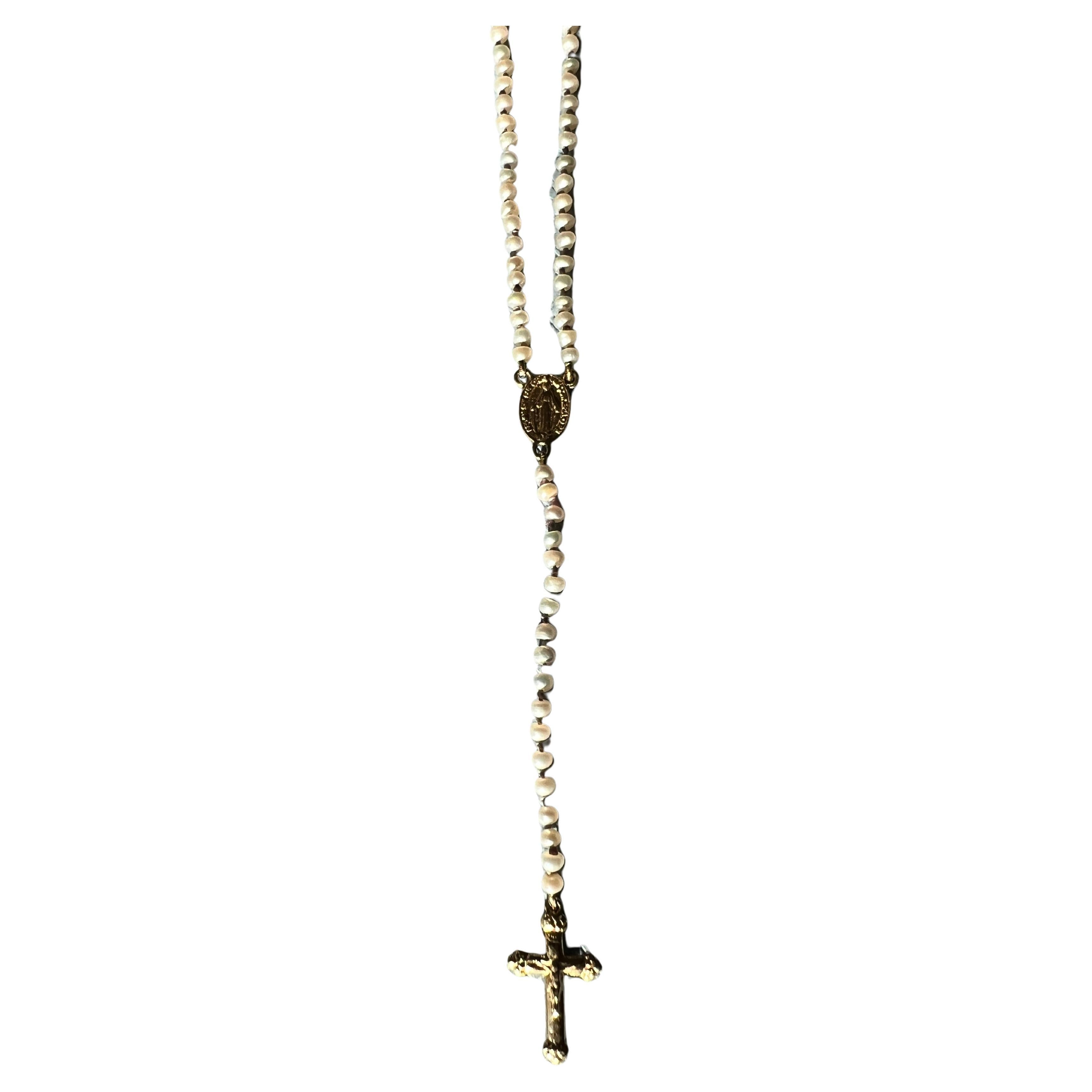 Perla Blanca Rosario Crucifijo Collar de Oro Virgen María Victoriano