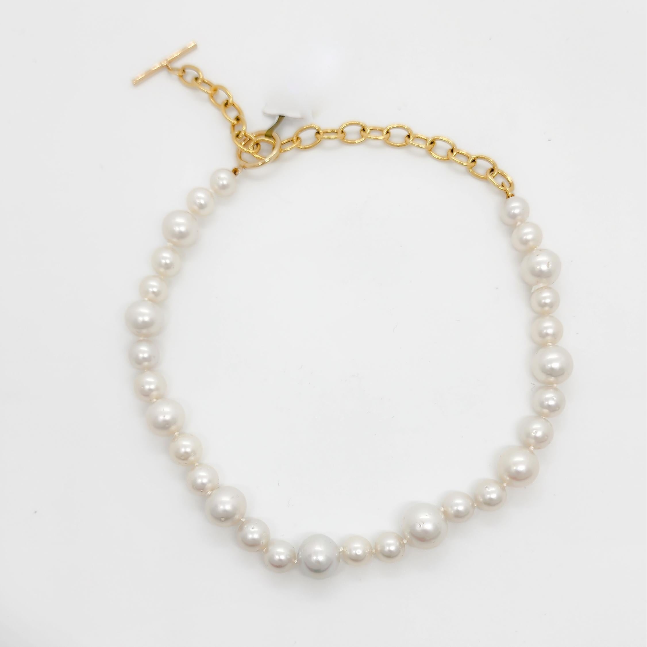 Women's or Men's White Pearl Round Toggle Necklace in 14k Yellow Gold