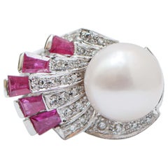 Vintage White Pearl, Rubies, Diamonds, Platinum Ring.
