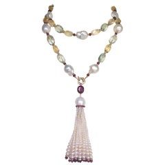 Marina J. Long Pearl, Ruby, Citrine & 14k Gold Sautoir with Removable Tassel 