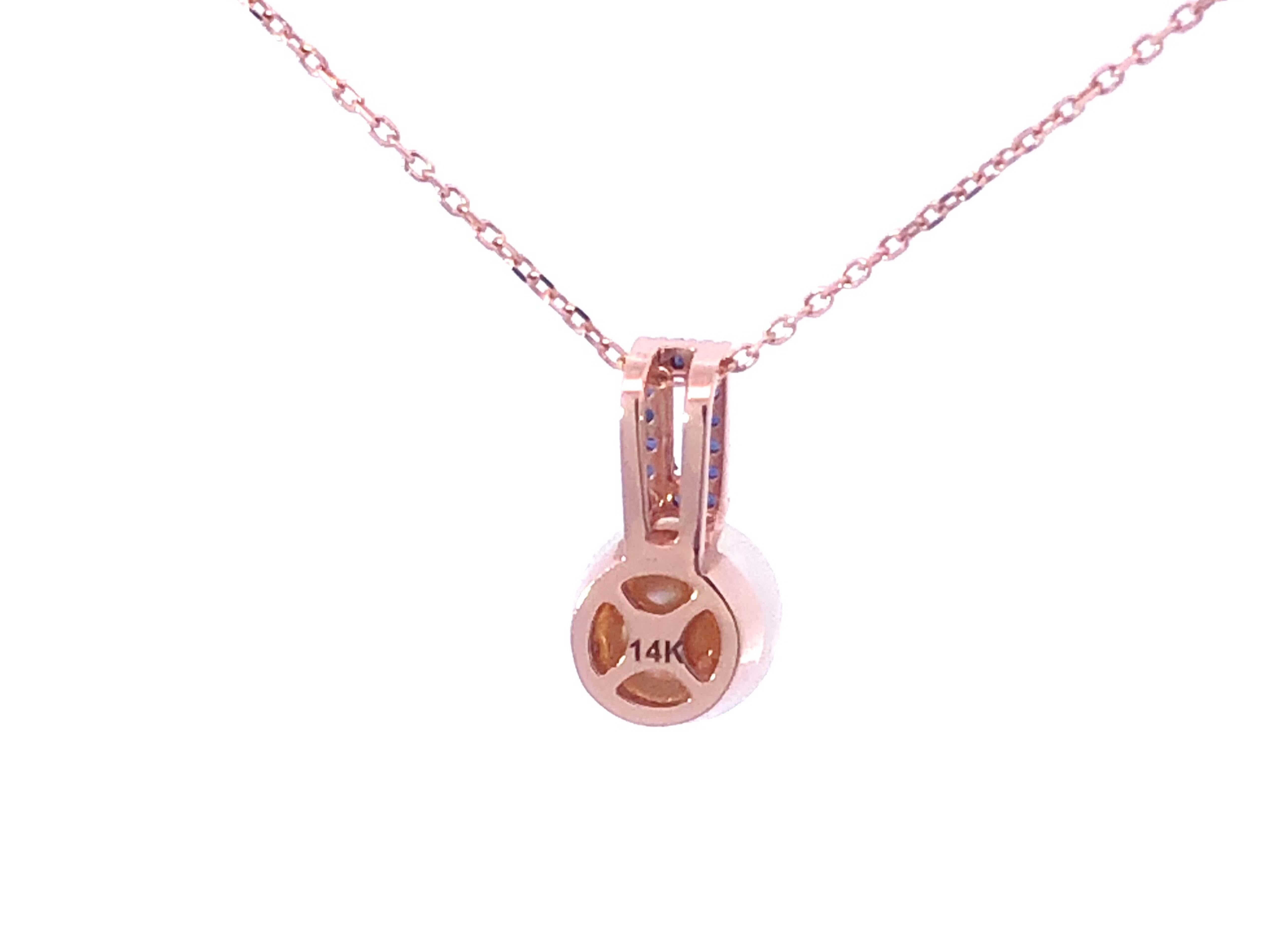 White Pearl & Sapphire Pendant with Chain in 14k Rose Gold For Sale 1
