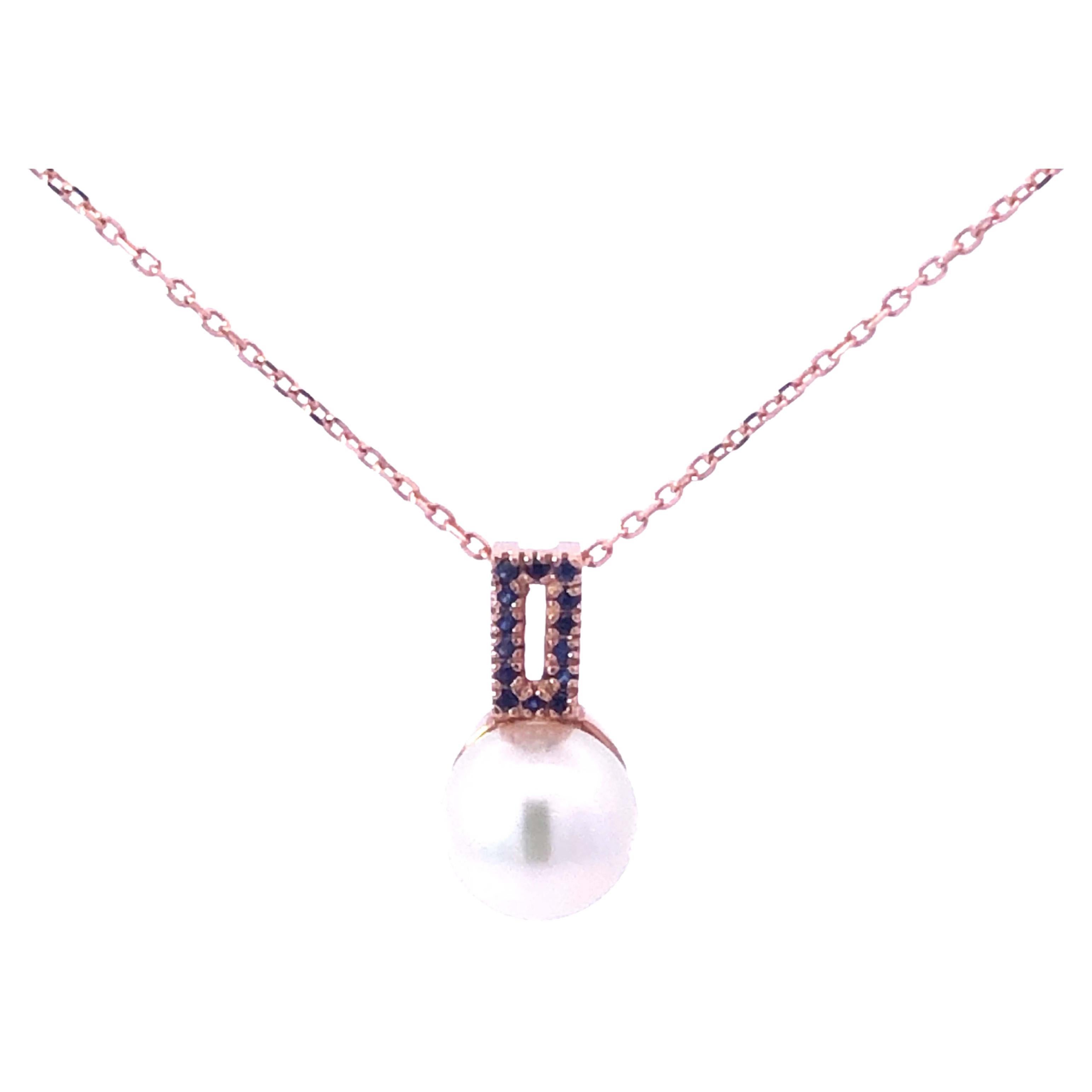 White Pearl & Sapphire Pendant with Chain in 14k Rose Gold For Sale