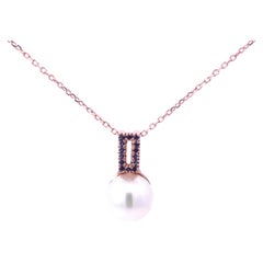White Pearl & Sapphire Pendant with Chain in 14k Rose Gold