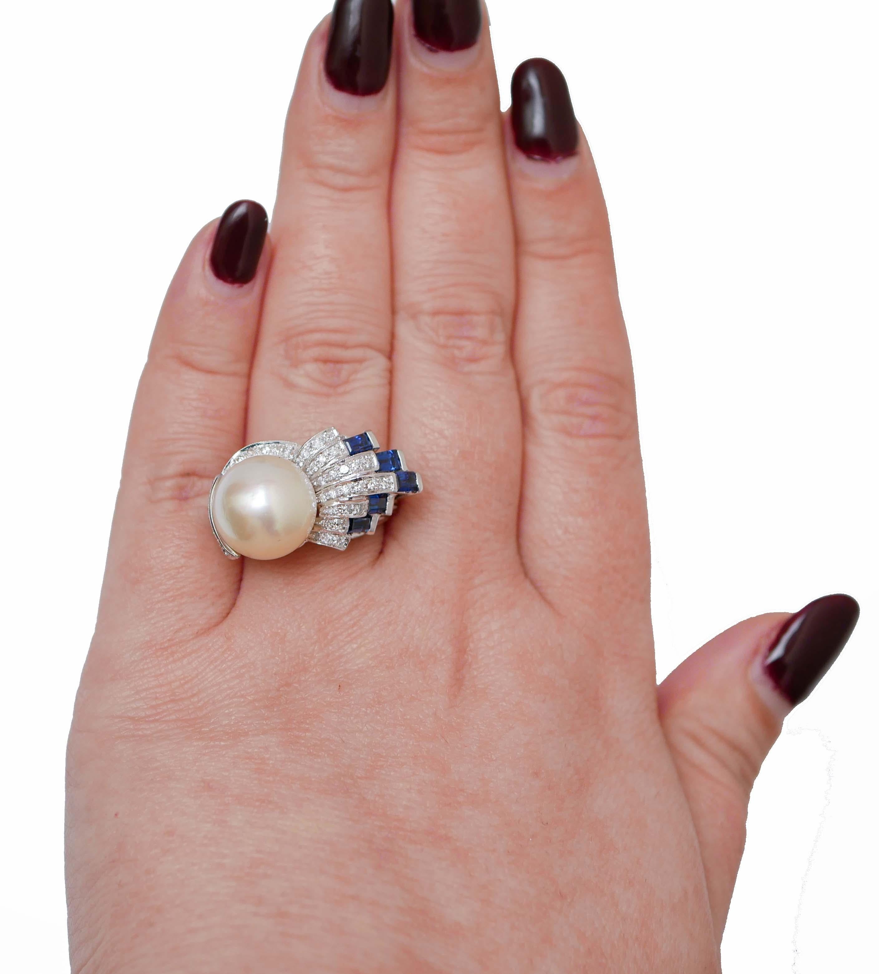 Mixed Cut White Pearl, Sapphires, Diamonds, Platinum Ring. For Sale