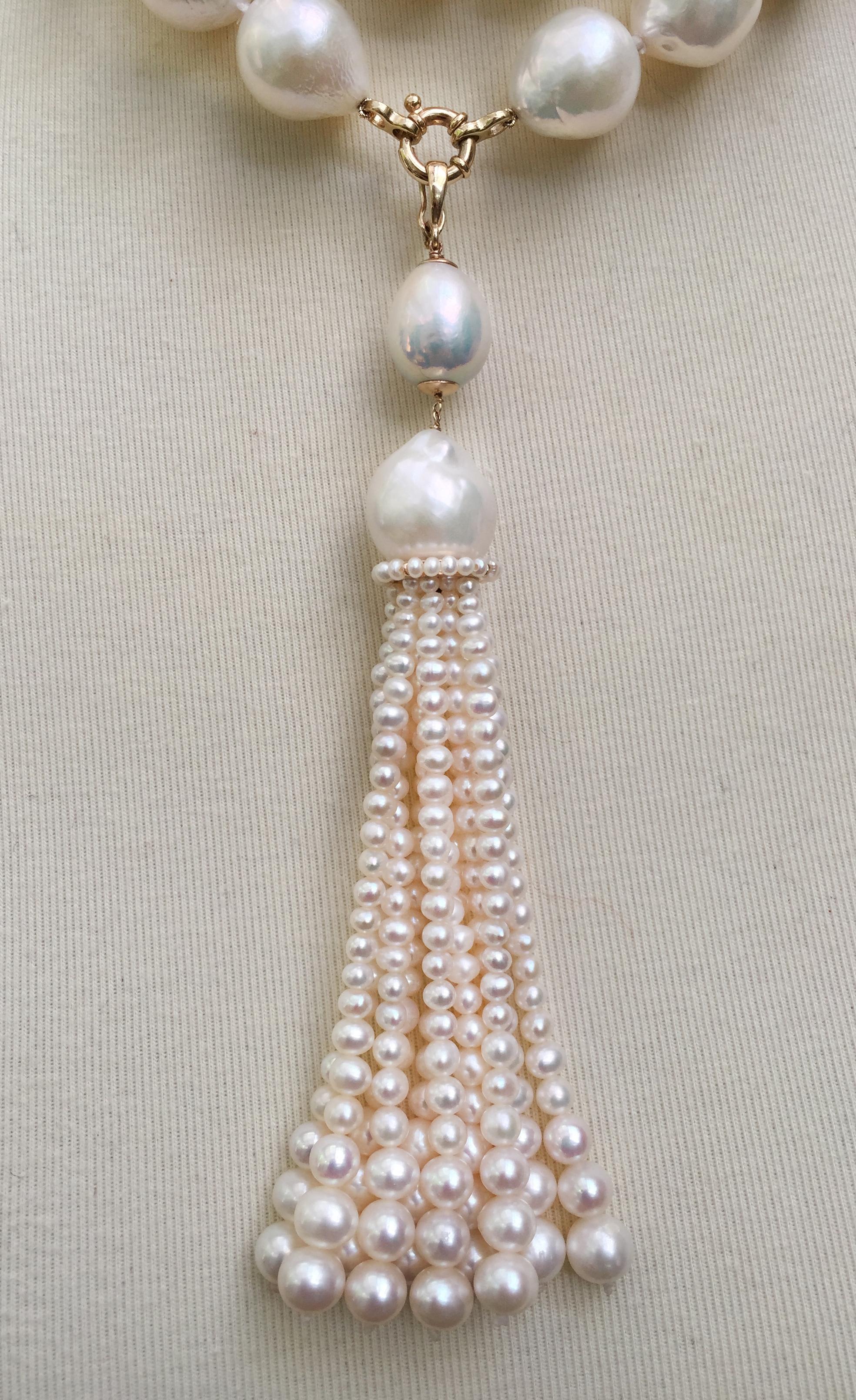 Artist White Pearl Sautoir Necklace and Graduated Tassel with 14 Karat Gold Clasp