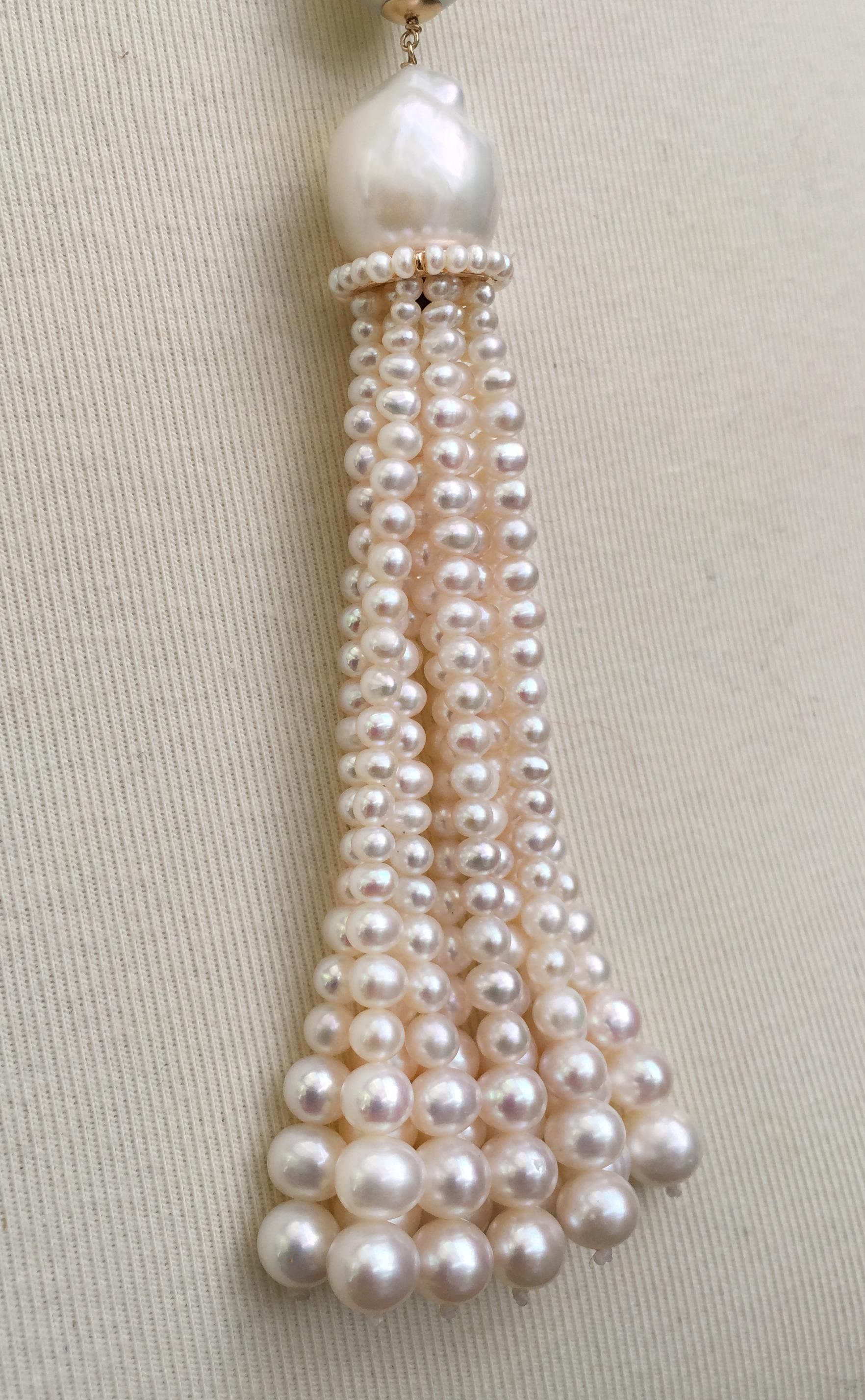 Women's White Pearl Sautoir Necklace and Graduated Tassel with 14 Karat Gold Clasp