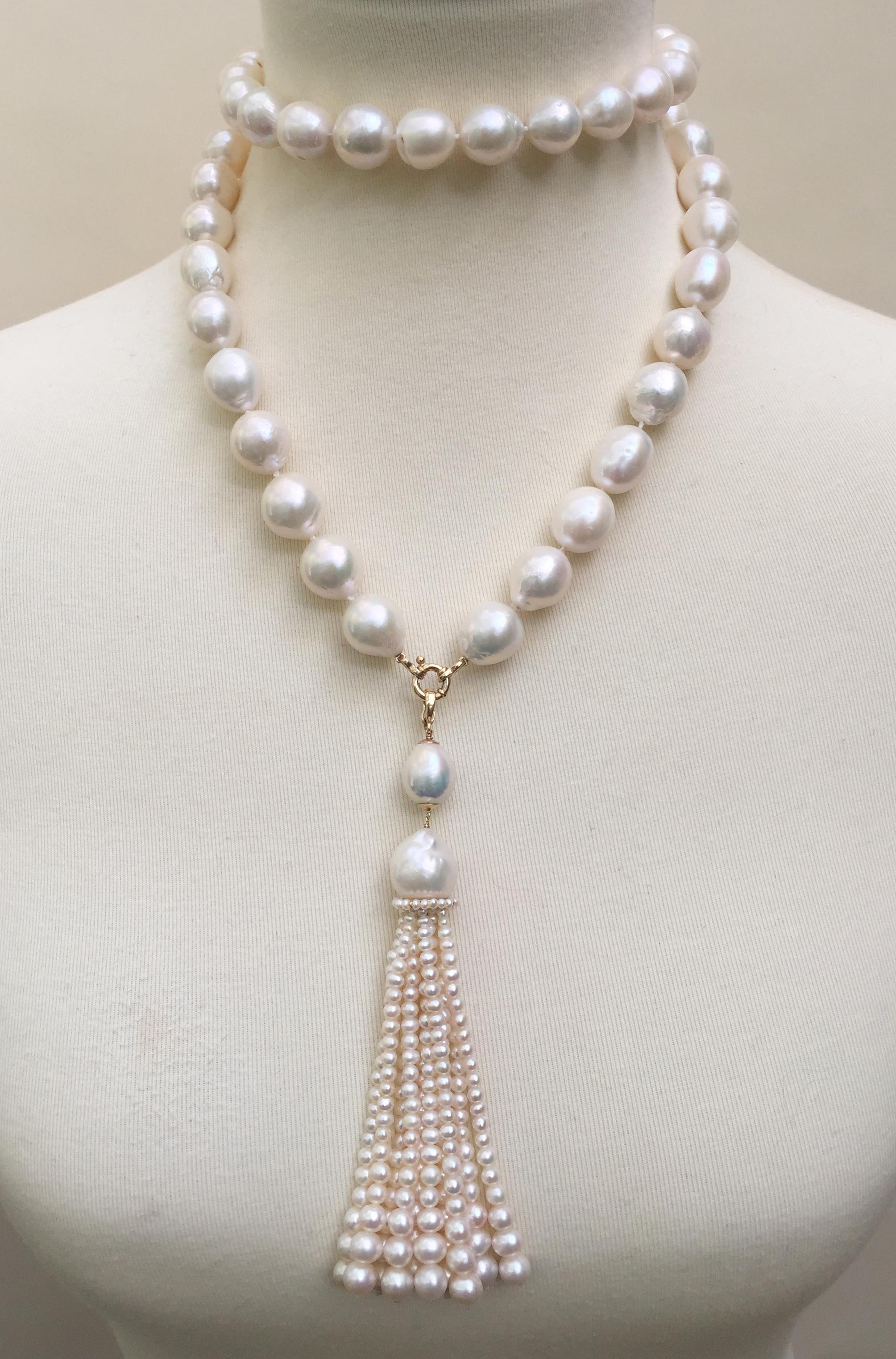 White Pearl Sautoir Necklace and Graduated Tassel with 14 Karat Gold Clasp 1