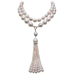 White Pearl Sautoir Necklace and Graduated Tassel with 14 Karat Gold Clasp