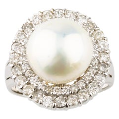 White Pearl Solitaire Ring in White Gold with Diamond Halo