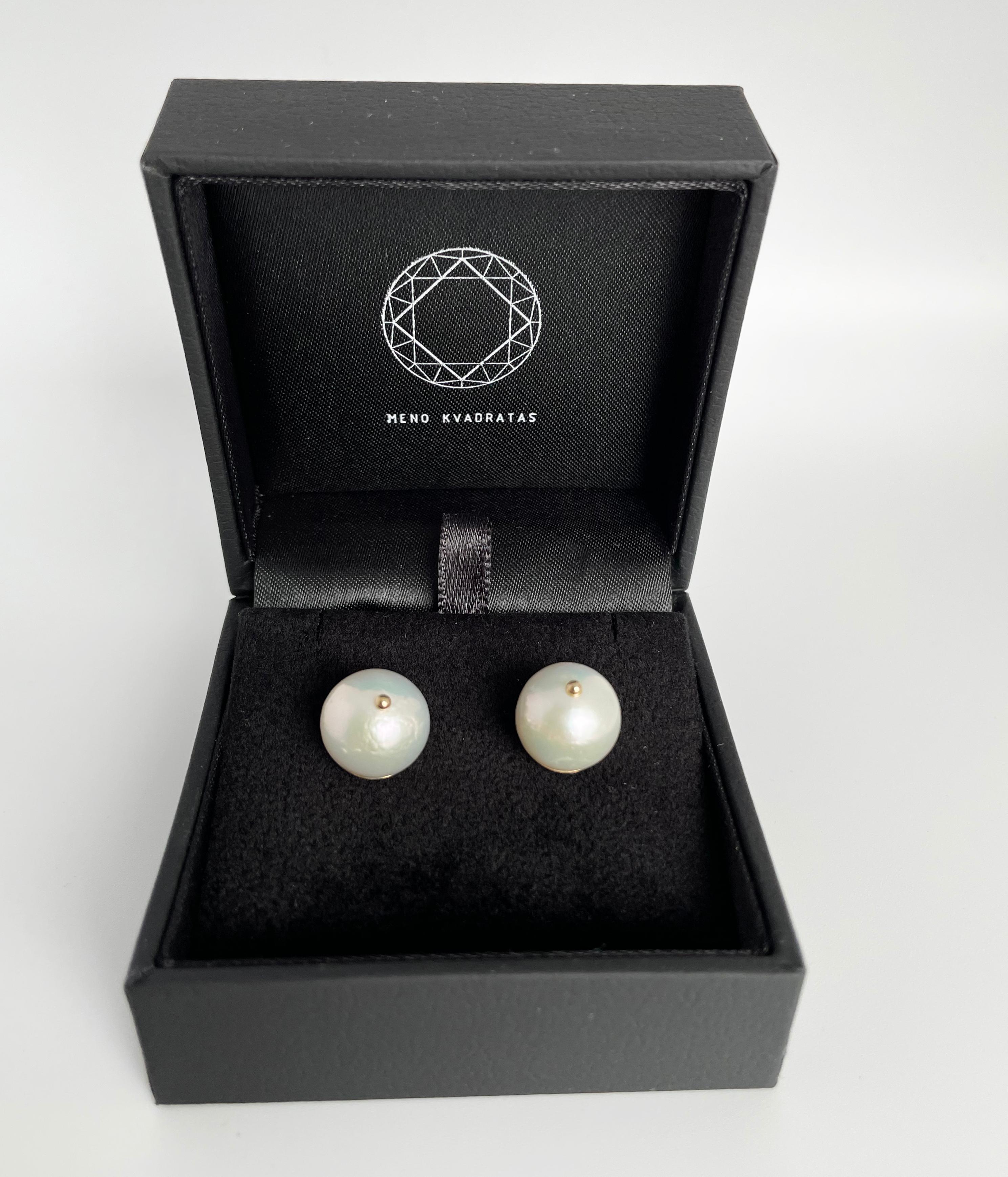 Round Cut White Pearl Stud Earrings Set in 14 Karat Gold Handmade Ready to Ship For Sale