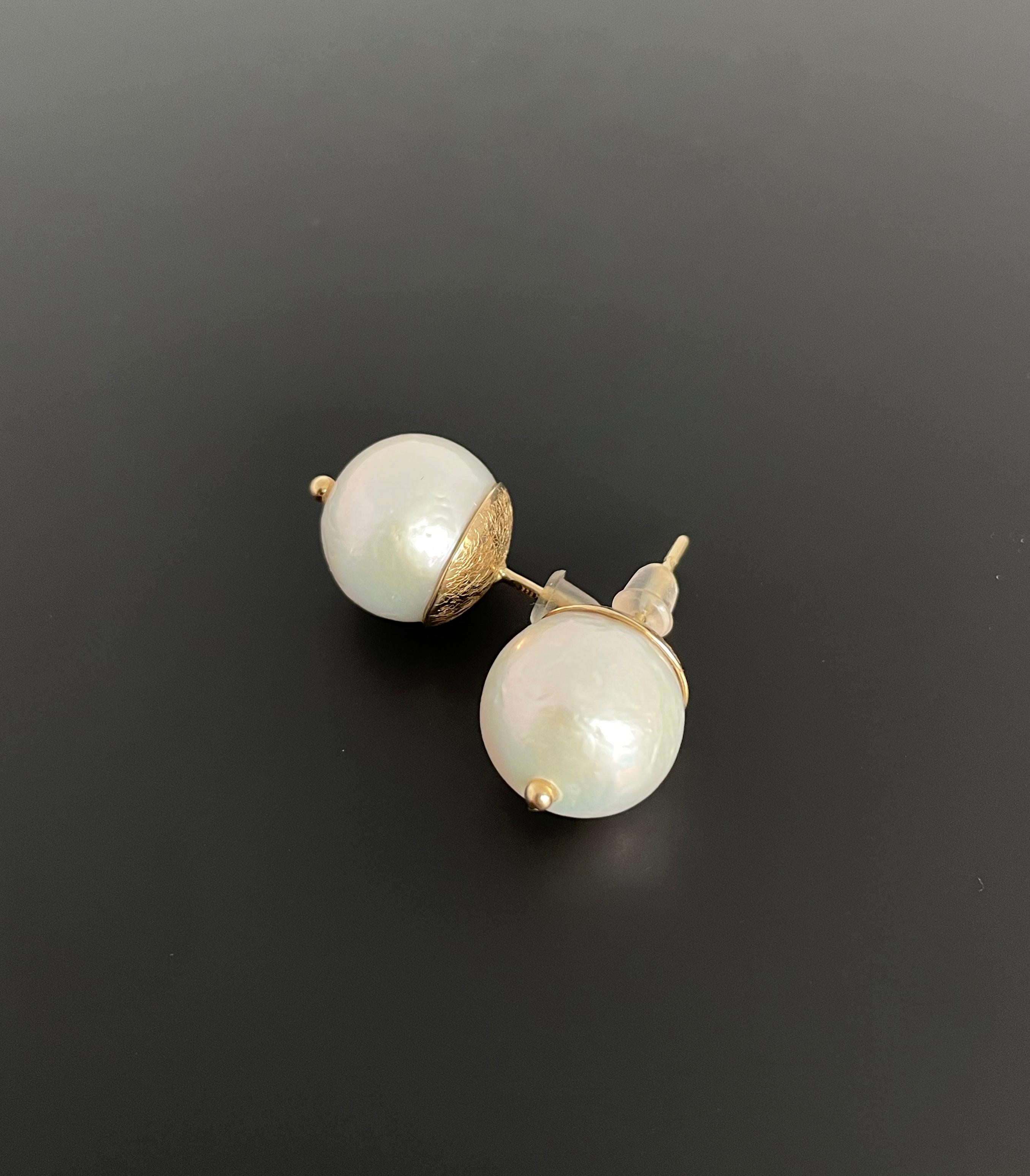 Women's White Pearl Stud Earrings Set in 14 Karat Gold Handmade Ready to Ship For Sale