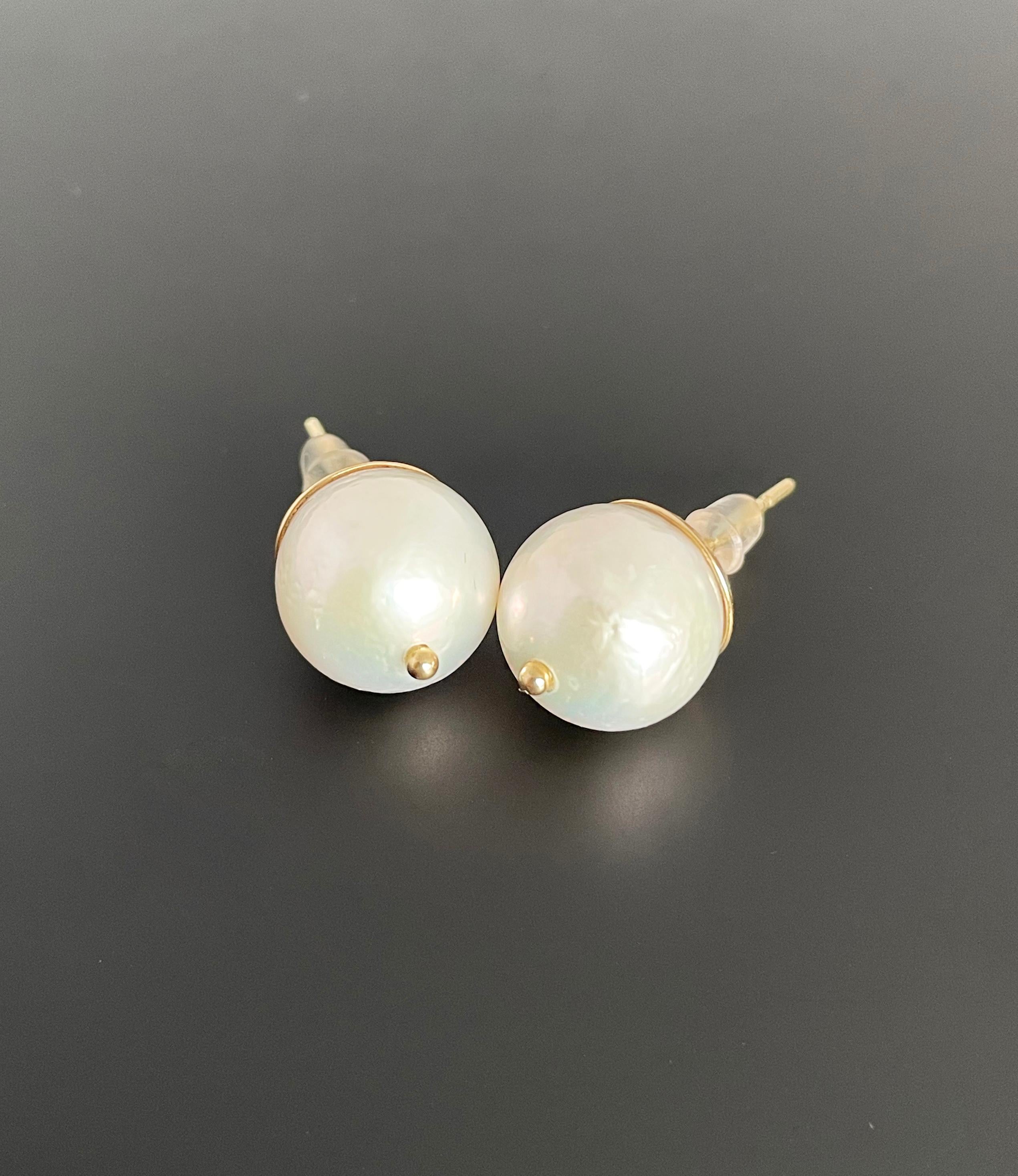 White Pearl Stud Earrings Set in 14 Karat Gold Handmade Ready to Ship For Sale 1