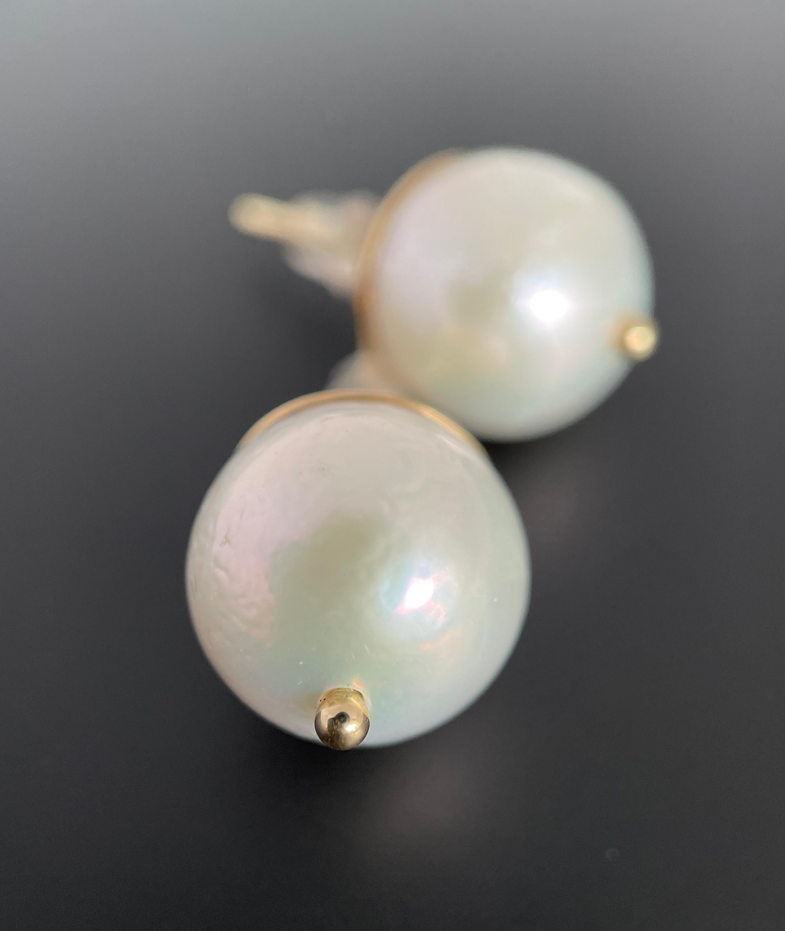 White Pearl Stud Earrings Set in 14 Karat Gold Handmade Ready to Ship For Sale 2