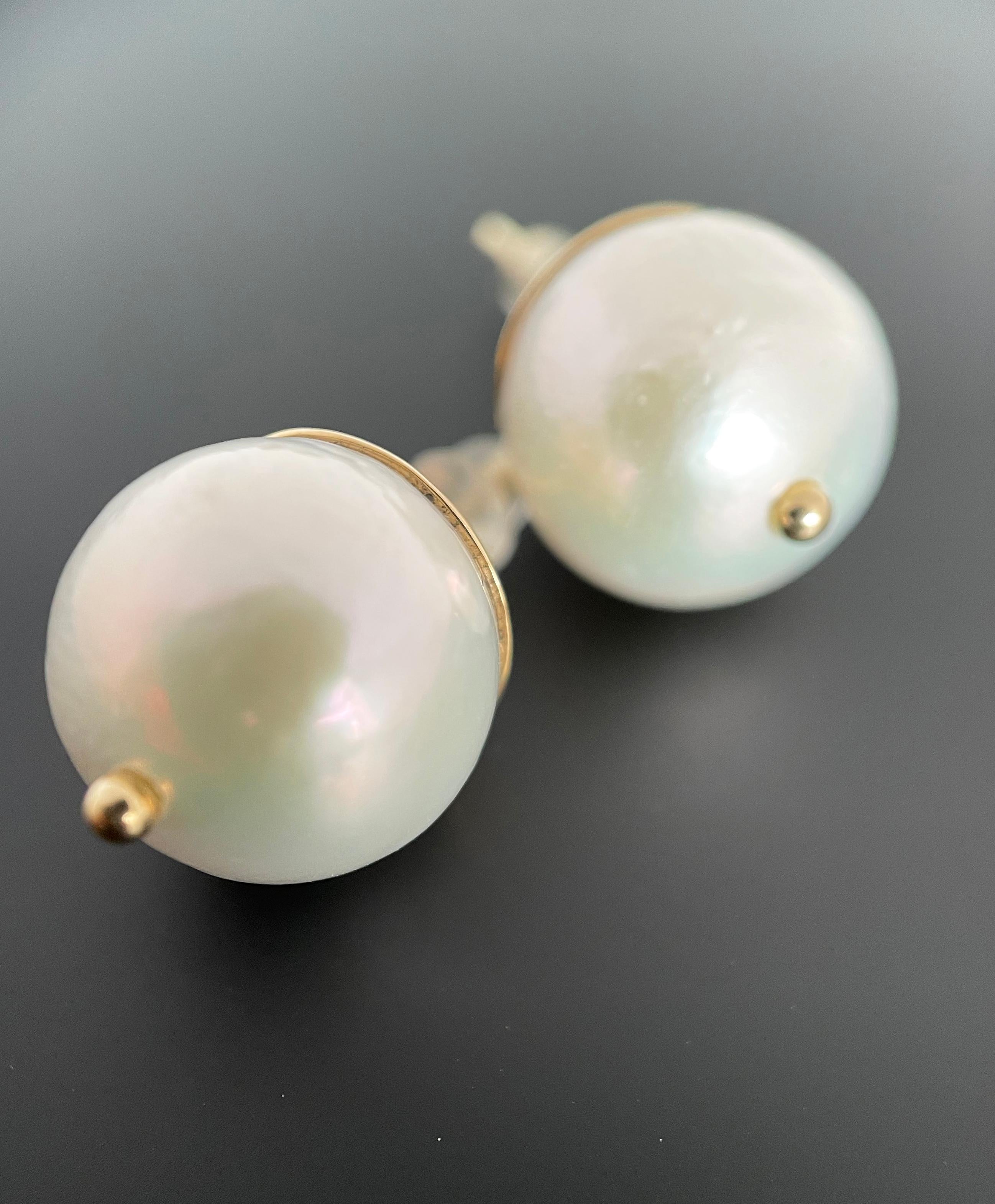 White Pearl Stud Earrings Set in 14 Karat Gold Handmade Ready to Ship For Sale 3