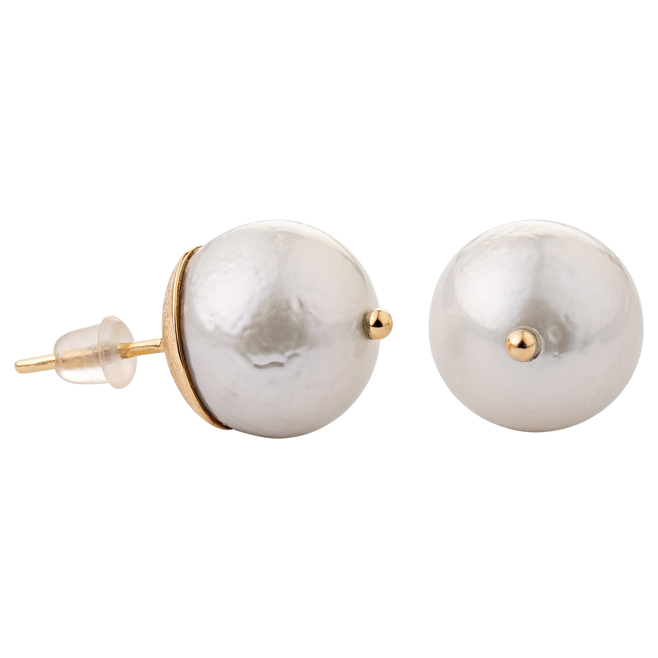 White Pearl Stud Earrings Set in 14 Karat Gold Handmade Ready to Ship For Sale