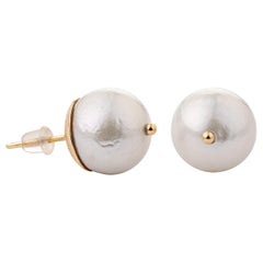 White Pearl Stud Earrings Set in 14 Karat Gold Handmade Ready to Ship