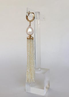 Marina J White Pearl Tassel Earrings with 14 K Yellow Gold Cup and Lever Back