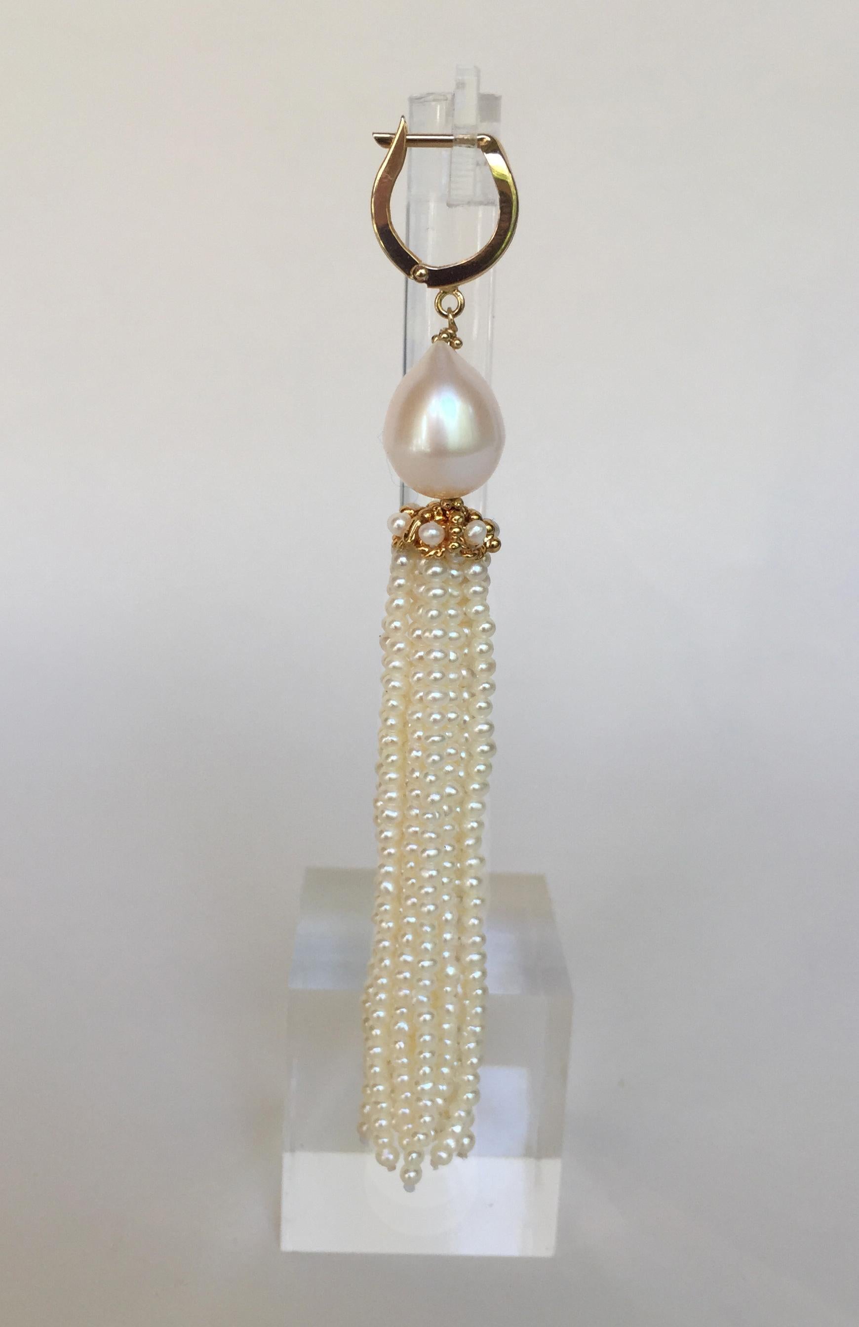Artist Marina J White Pearl Tassel Earrings with 14 K Yellow Gold Cup and Lever Back