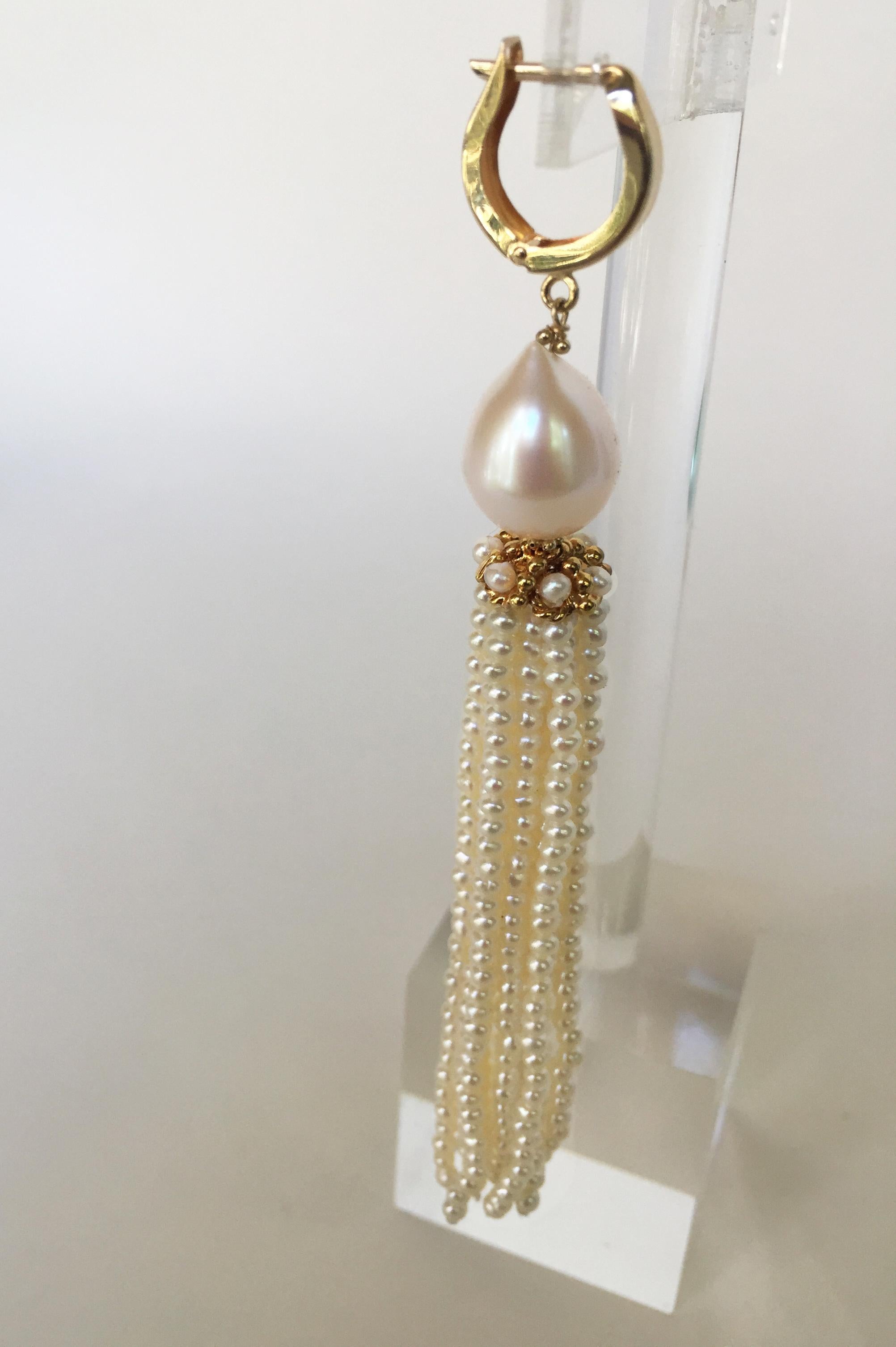 Marina J White Pearl Tassel Earrings with 14 K Yellow Gold Cup and Lever Back In New Condition In Los Angeles, CA