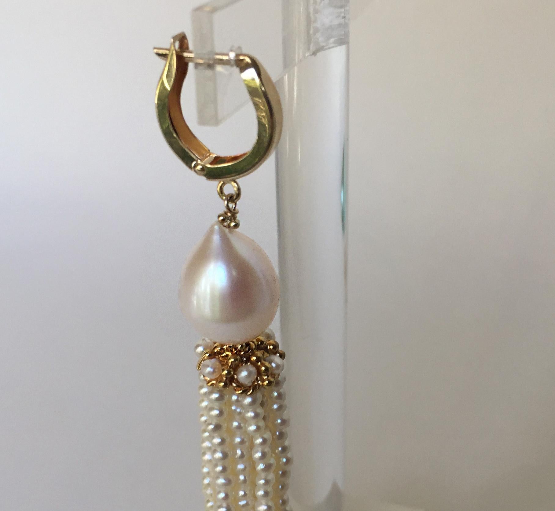 Women's Marina J White Pearl Tassel Earrings with 14 K Yellow Gold Cup and Lever Back