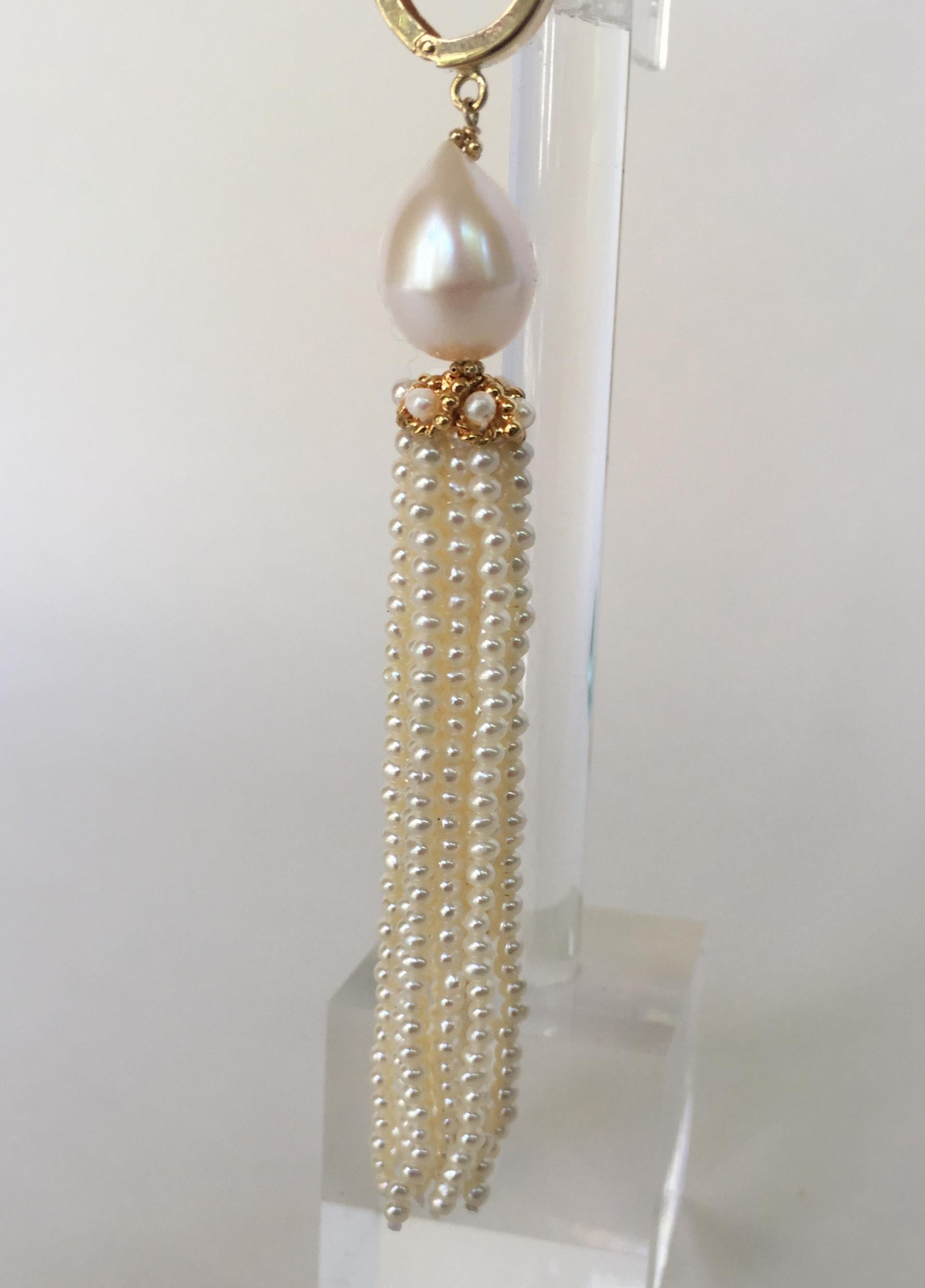 Marina J White Pearl Tassel Earrings with 14 K Yellow Gold Cup and Lever Back 1