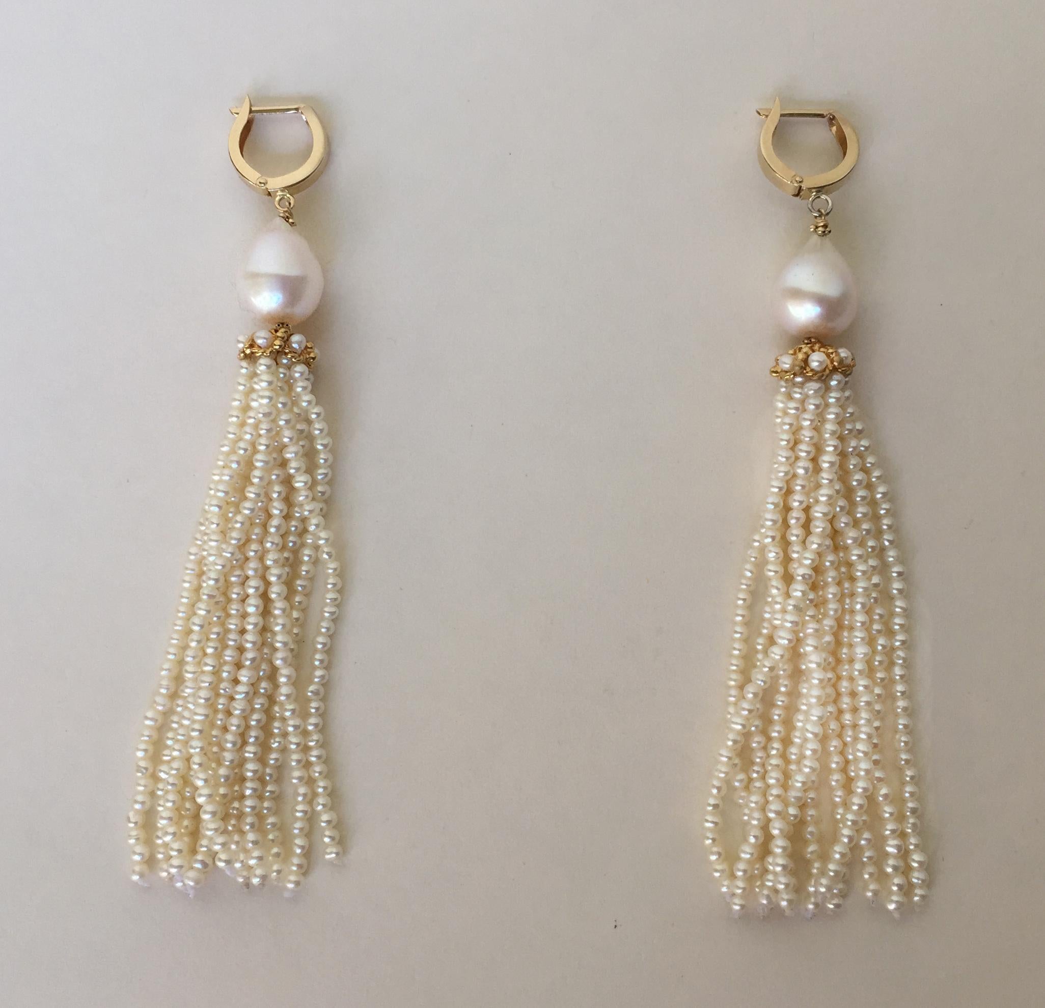 Marina J White Pearl Tassel Earrings with 14 K Yellow Gold Cup and Lever Back 2