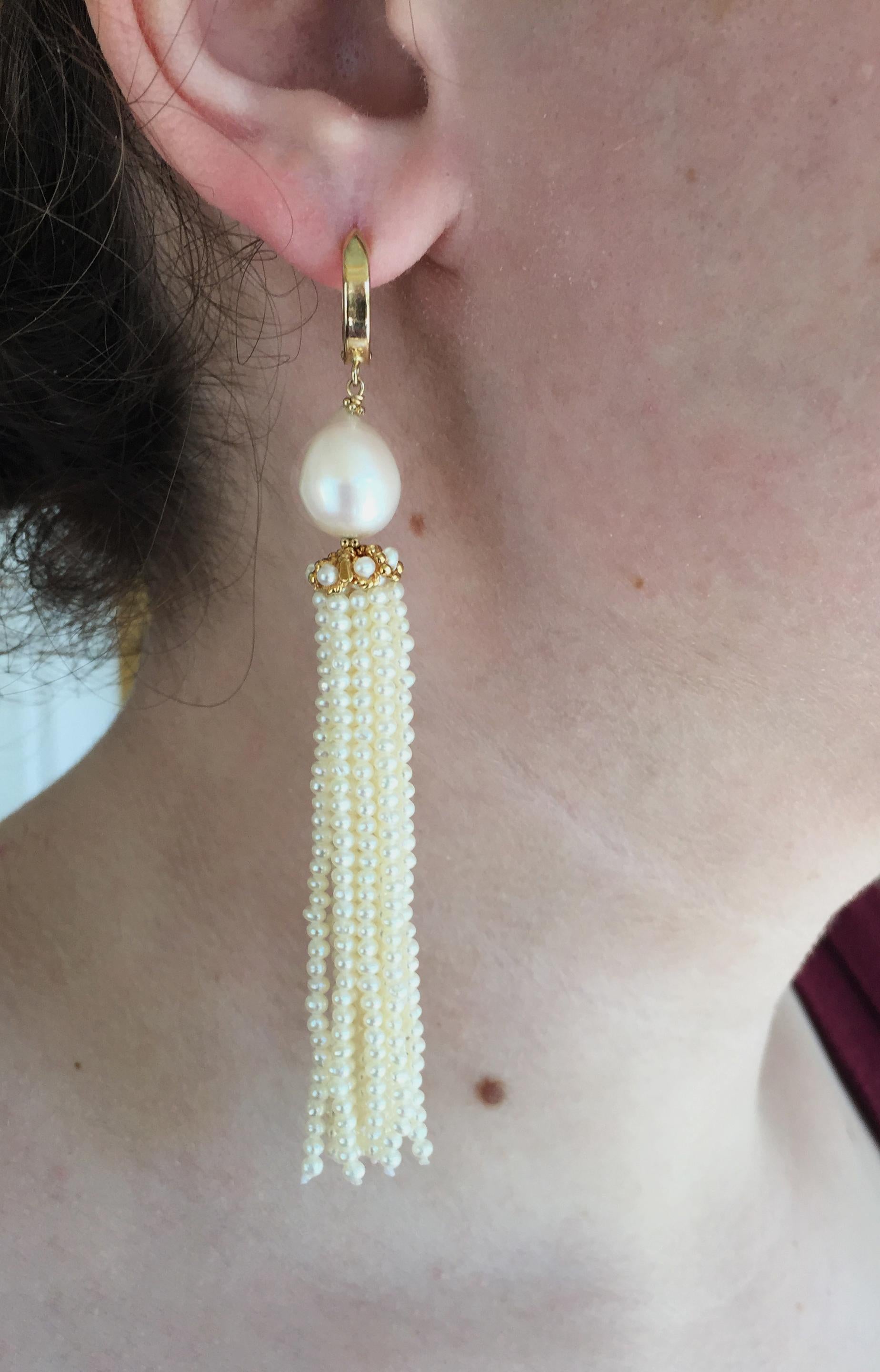 Marina J White Pearl Tassel Earrings with 14 K Yellow Gold Cup and Lever Back 3