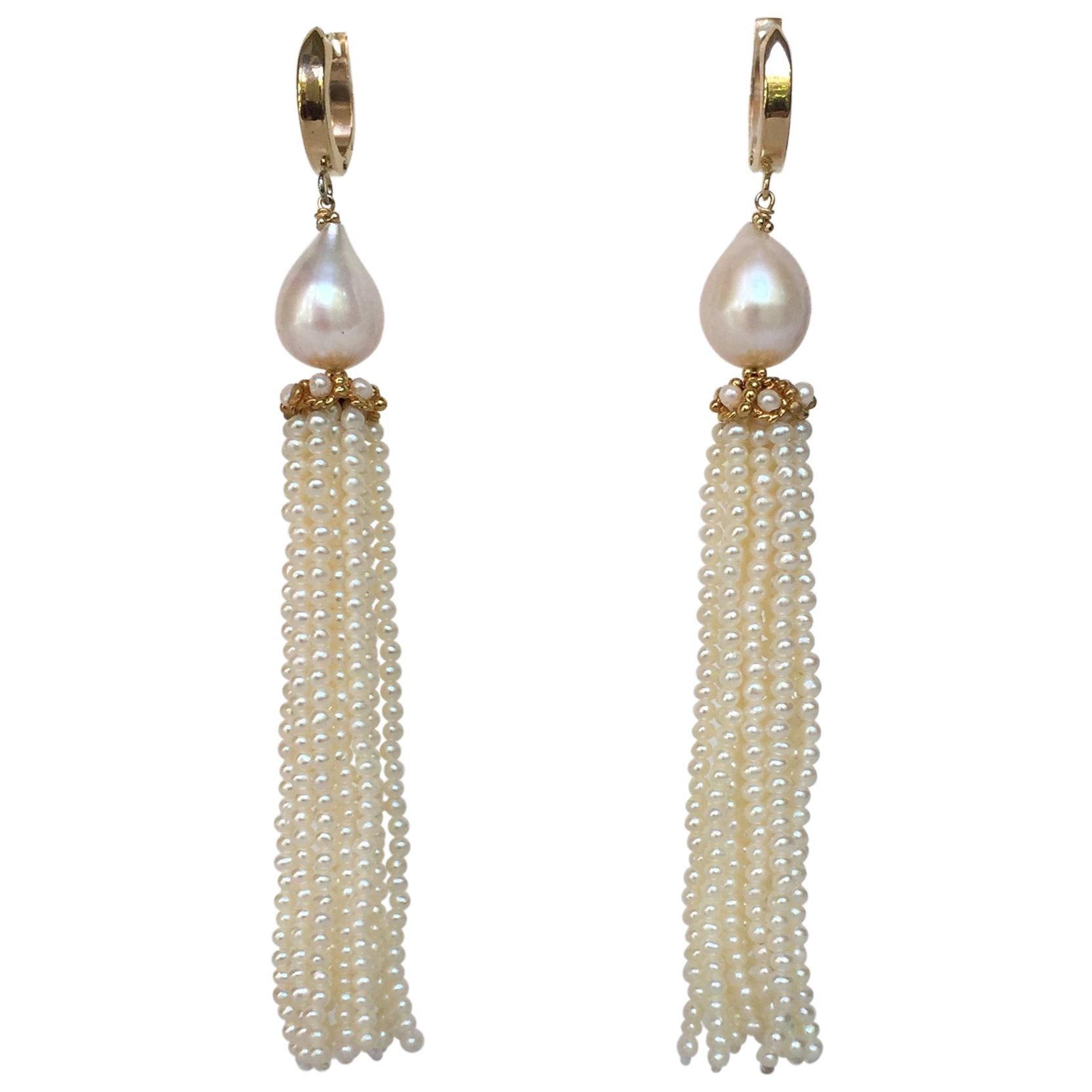 Marina J White Pearl Tassel Earrings with 14 K Yellow Gold Cup and Lever Back