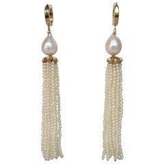 Marina J White Pearl Tassel Earrings with 14 K Yellow Gold Cup and Lever Back
