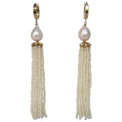 Marina J White Pearl Tassel Earrings with 14 K Yellow Gold Cup and Lever Back