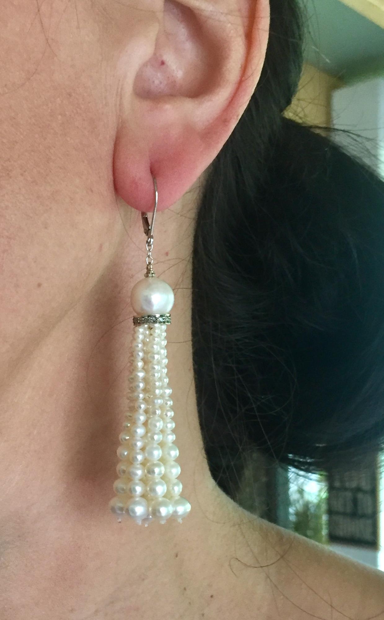 Marina J Graduated White Pearl Tassel Earrings with Gold, Silver and Diamonds  2