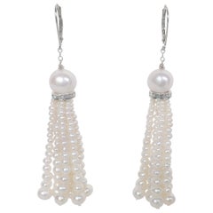 Marina J Graduated White Pearl Tassel Earrings with Gold, Silver and Diamonds 