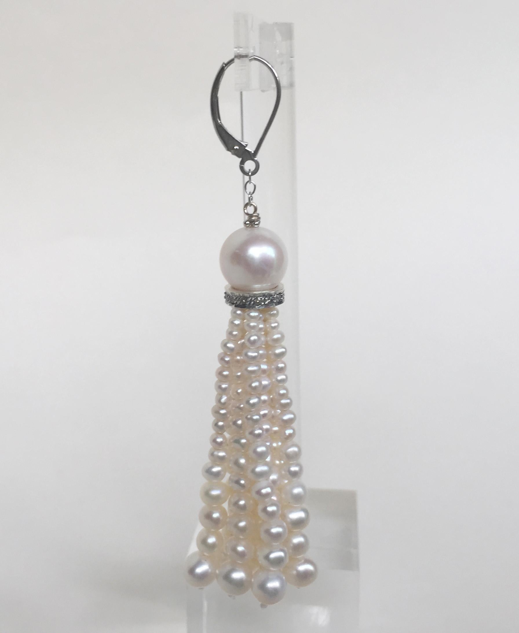 Artist Marina J Graduated White Pearl Tassel Earrings with Gold, Silver and Diamonds 