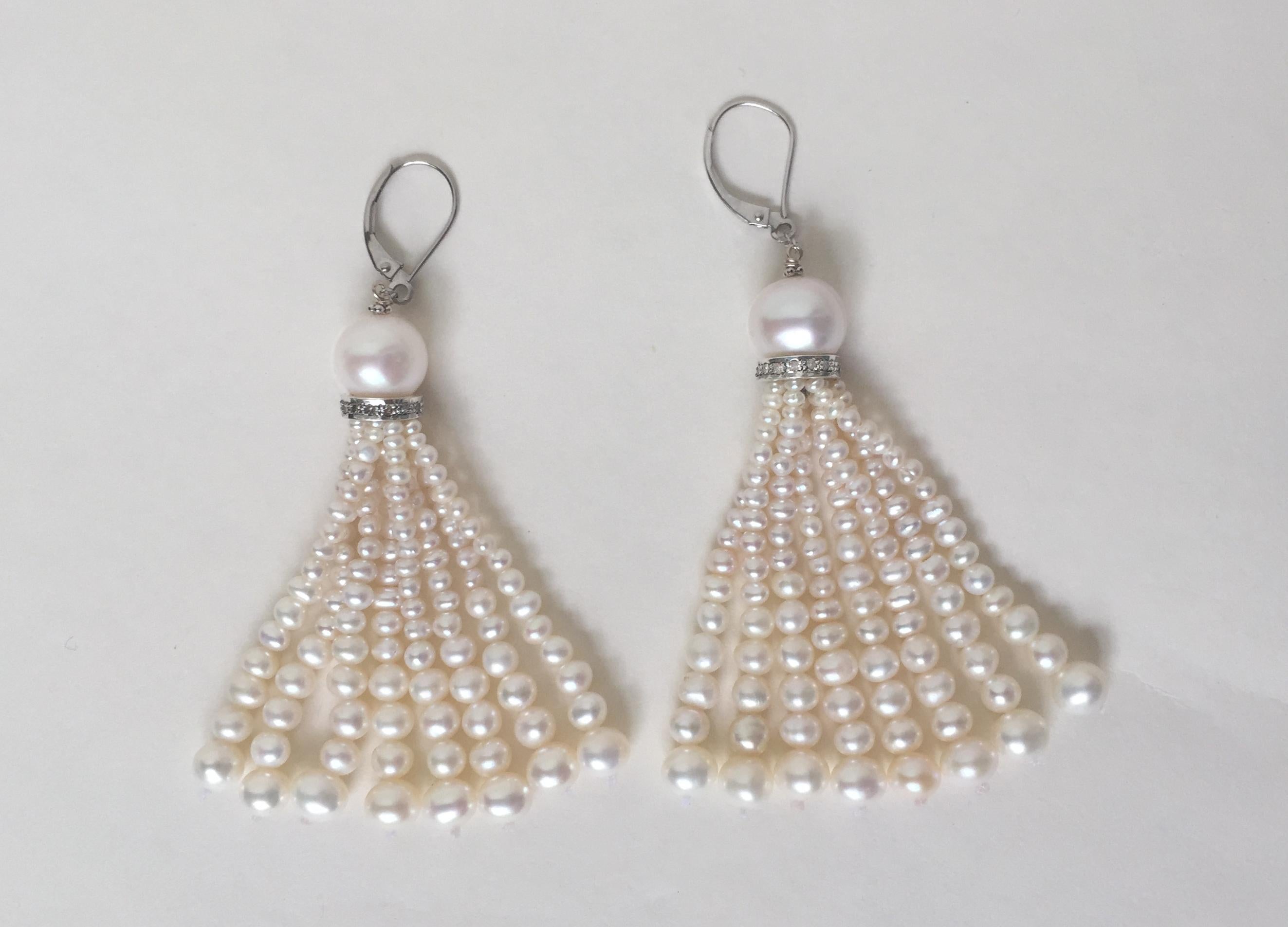 Marina J Graduated White Pearl Tassel Earrings with Gold, Silver and Diamonds  In New Condition In Los Angeles, CA