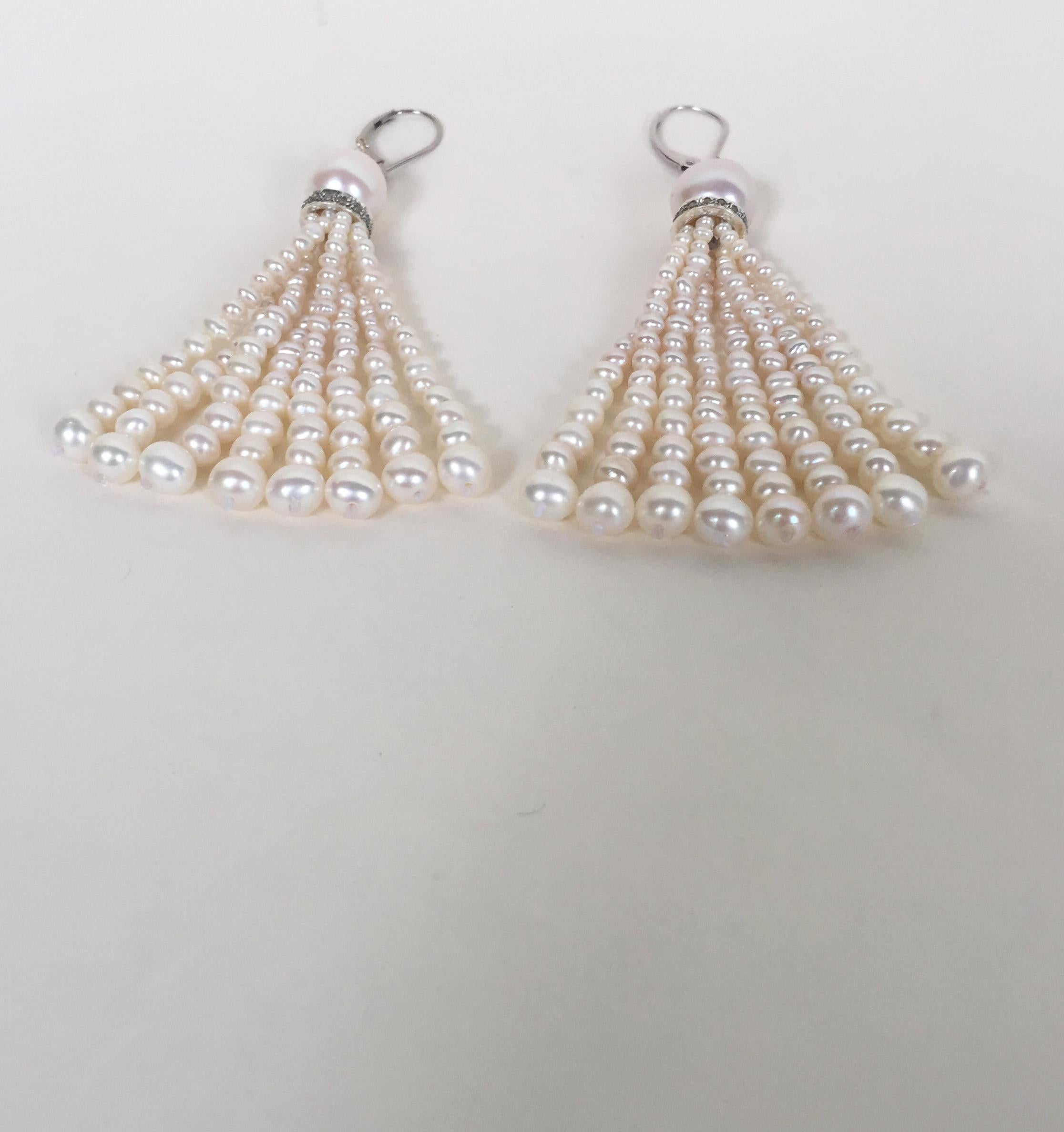 Women's Marina J Graduated White Pearl Tassel Earrings with Gold, Silver and Diamonds 
