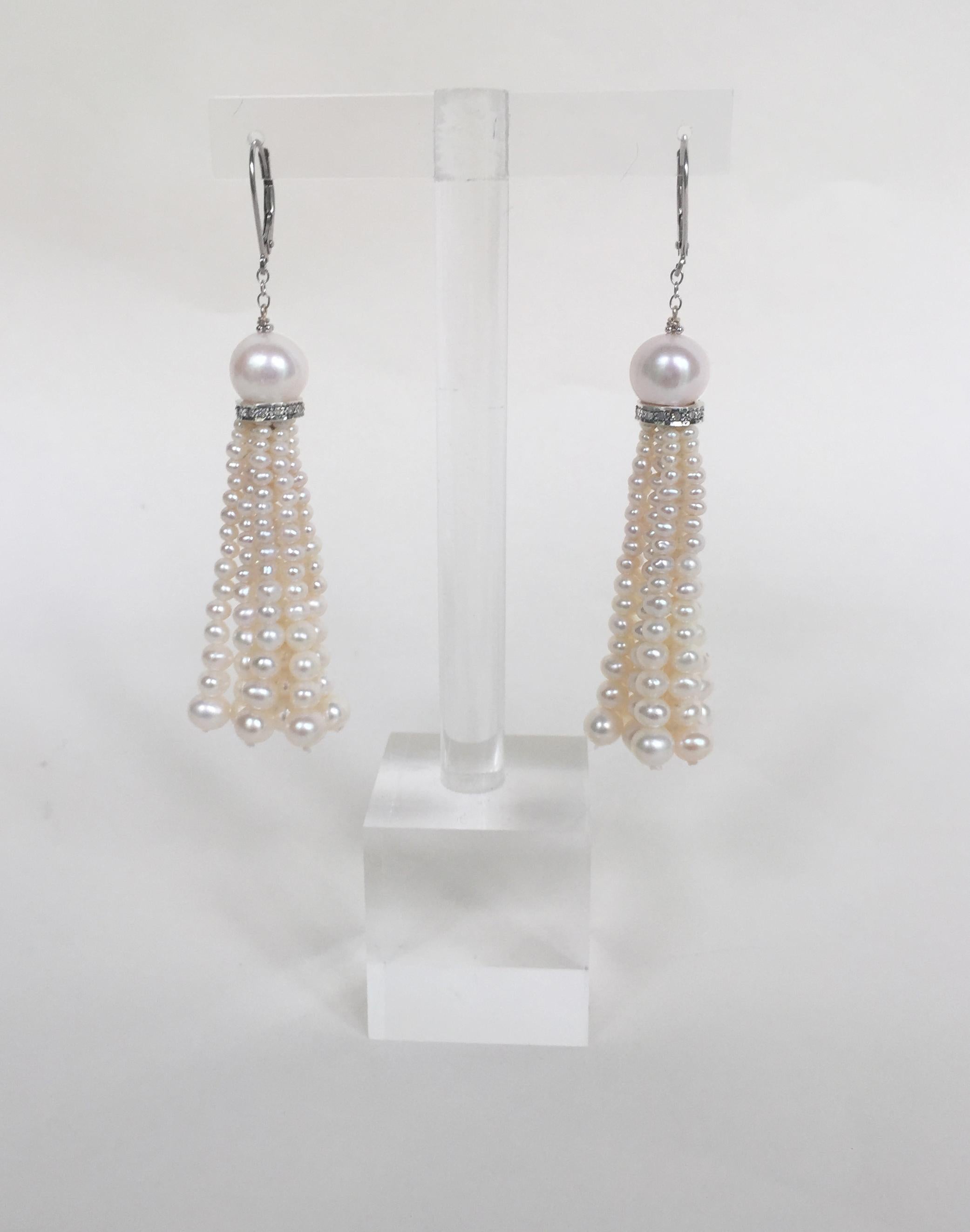 Marina J Graduated White Pearl Tassel Earrings with Gold, Silver and Diamonds  1